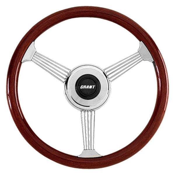 Grant® - 3-Spoke Stainless Steel Design Banjo Style Steering Wheel with Mahogany Wood Grip