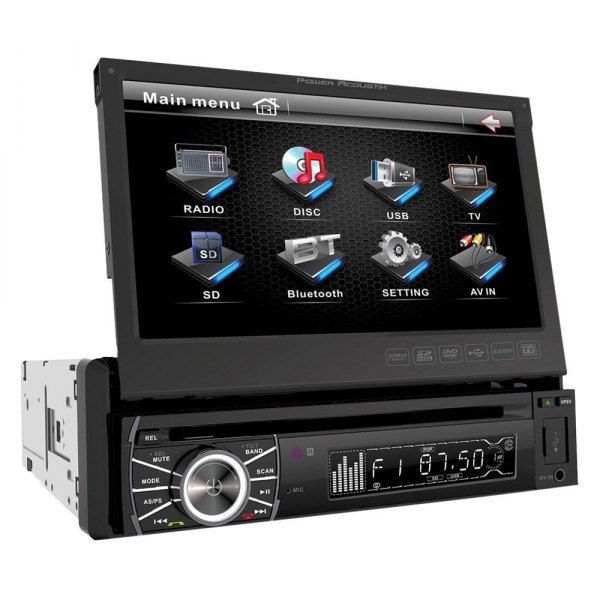 Power Acoustik® - 7" Motorized Touchscreen Display Single DIN Multimedia DVD Receiver with Bluetooth