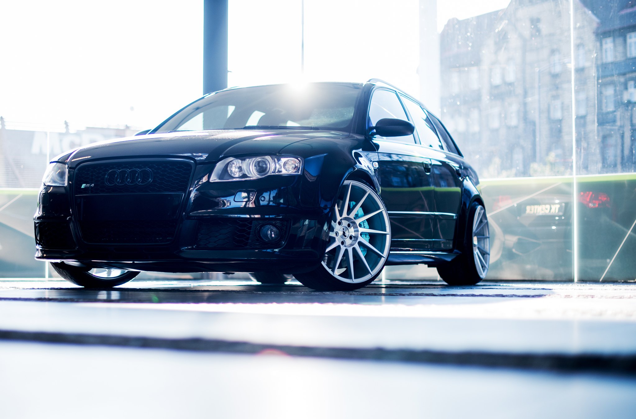 Front Bumper with Fog Lights on Black Audi S4 - Photo by JR Wheels