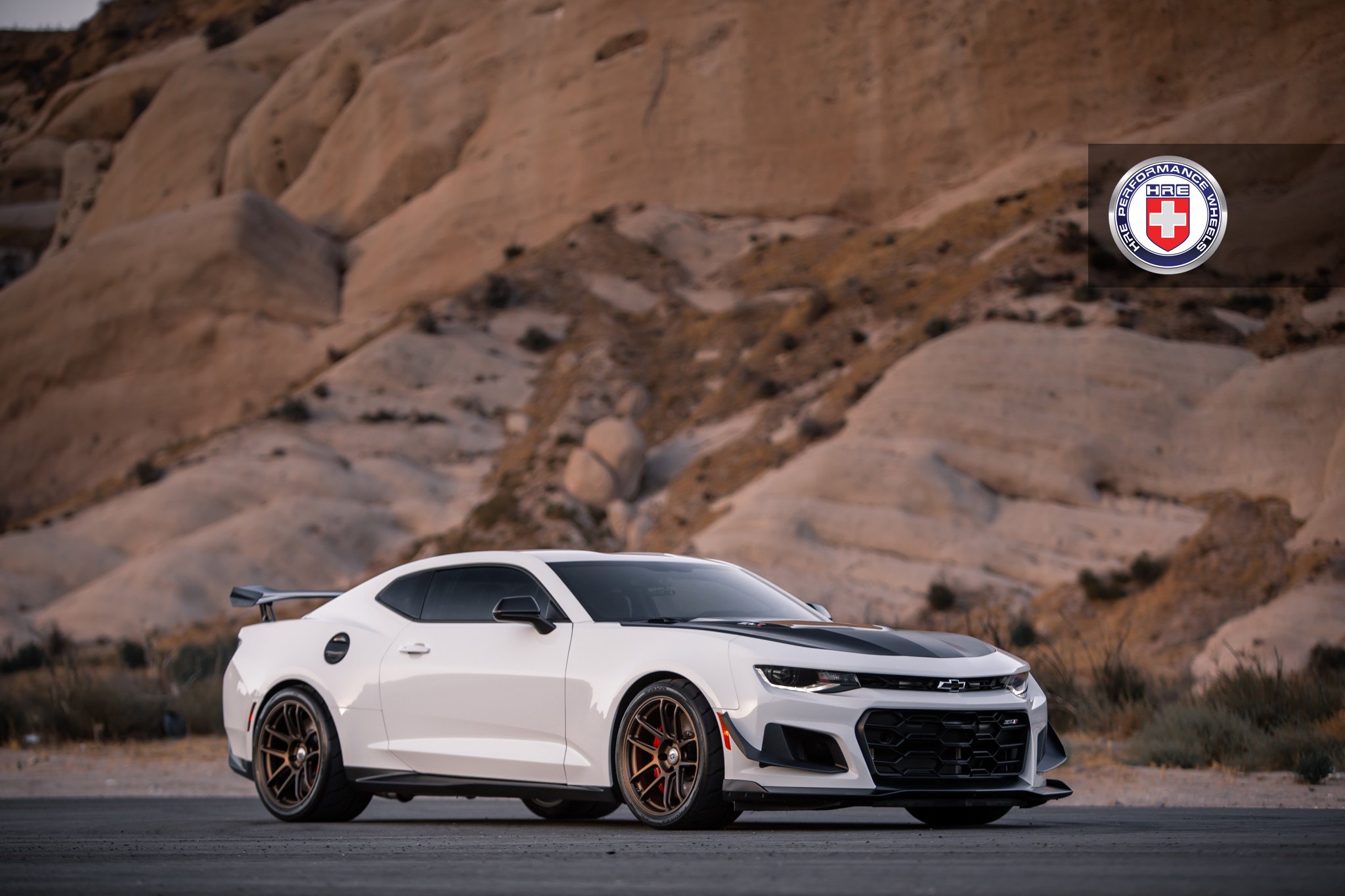 White Chevy Camaro with Custom Black Vented Hood - Photo by HRE Wheels