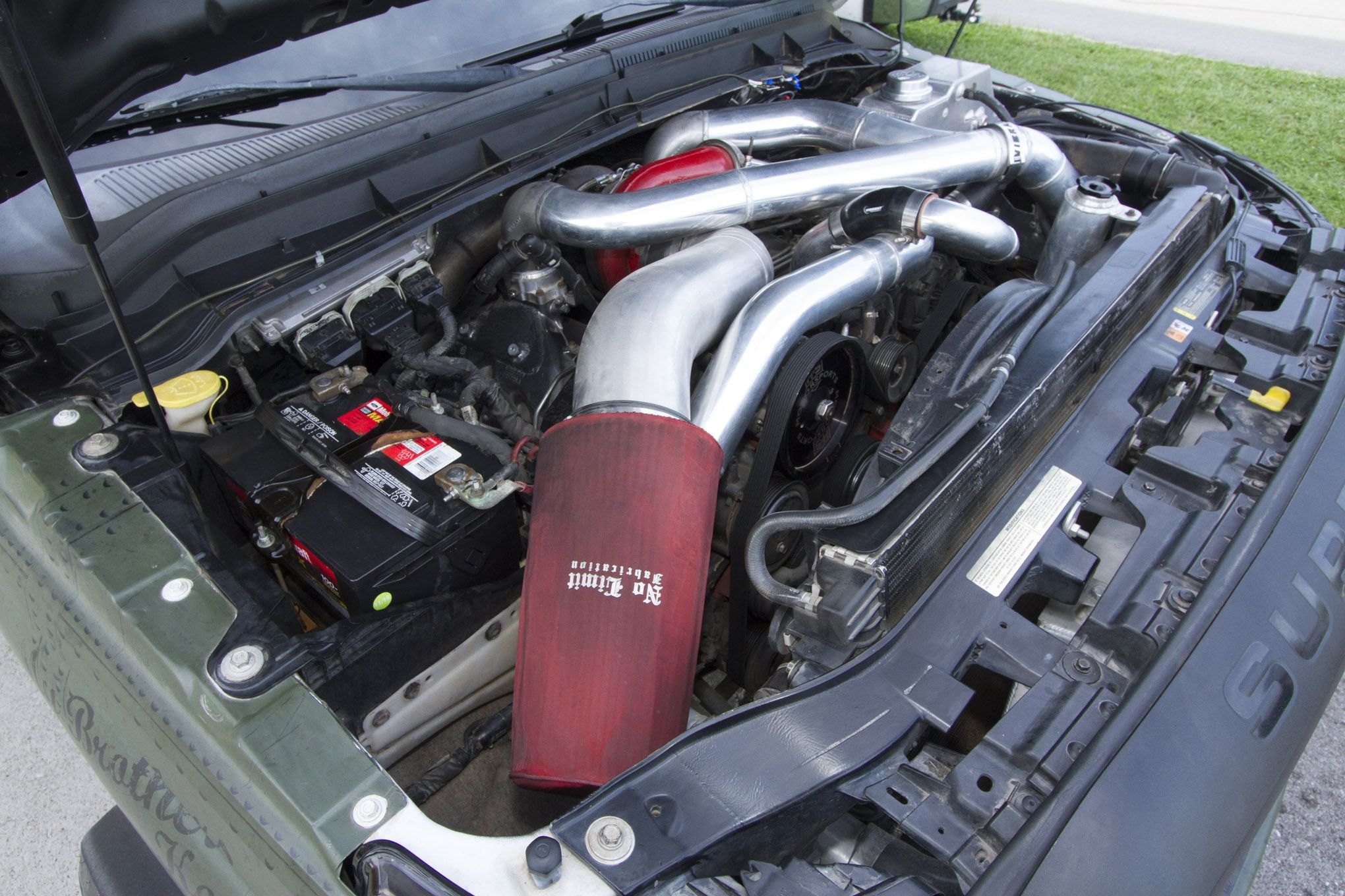 No Limit Air Intake System in Green Ford F-250 - Photo by Adam Dobbs