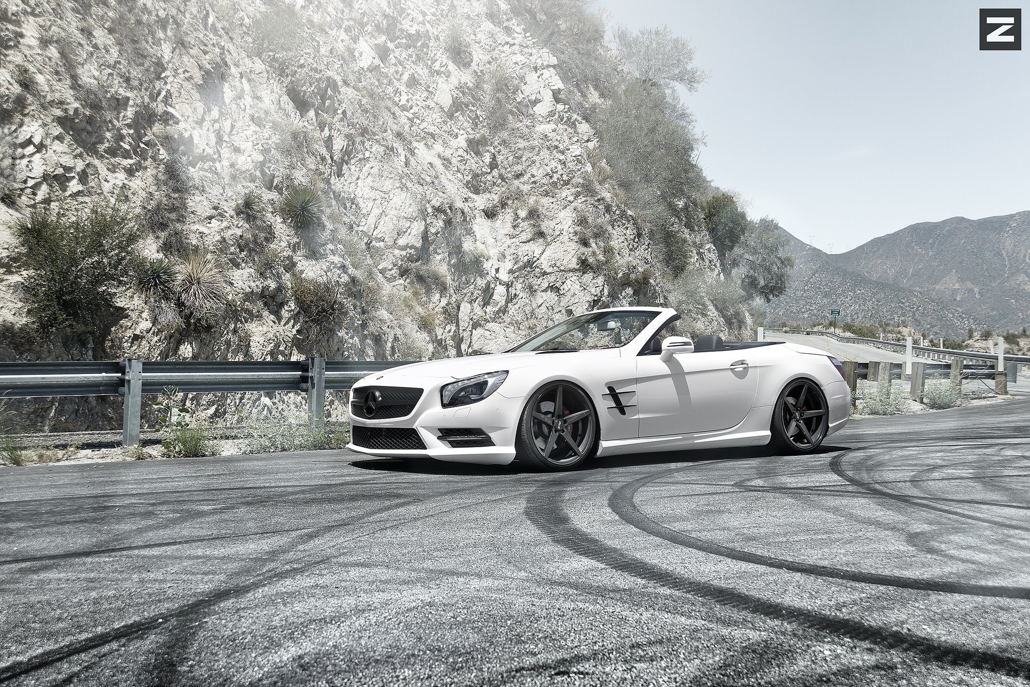 Aftermarket LED Headlights on White Convertible Mercedes SL - Photo by Zito Wheels
