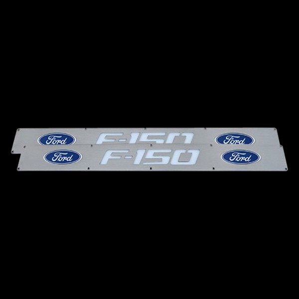 Recon® - Front Brushed Billet Aluminum Door Sills with F-150 and Ford Logo, Blue Illumination