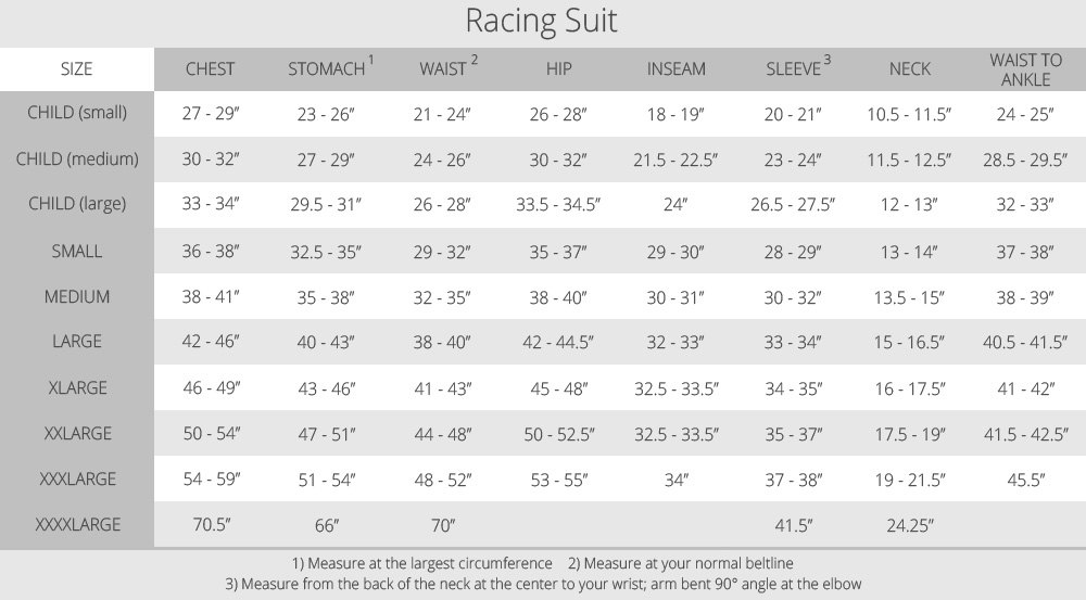 Racing Suit Size Chart