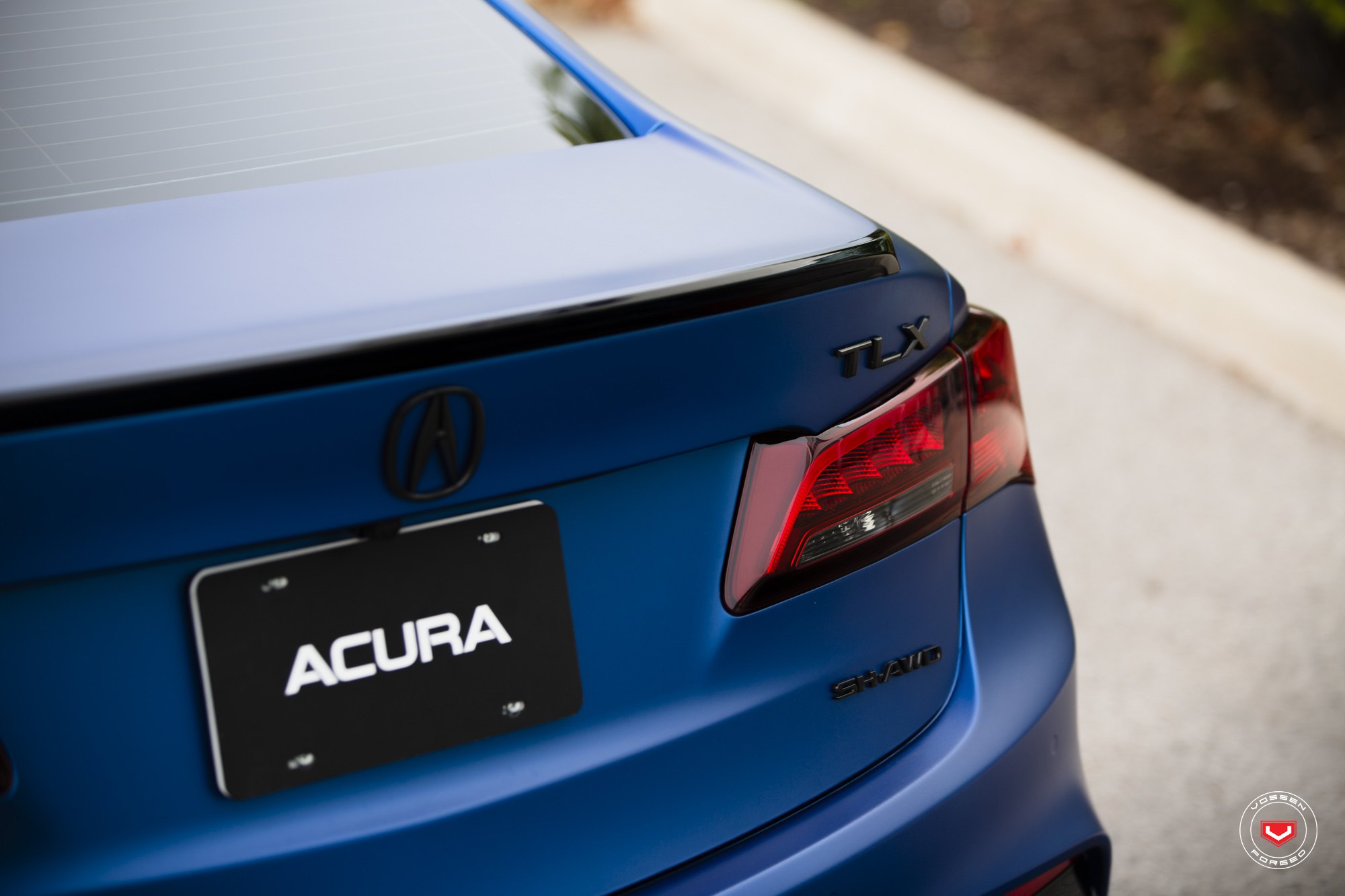 Red LED Taillights on Matte Blue Acura TLX - Photo by Vossen