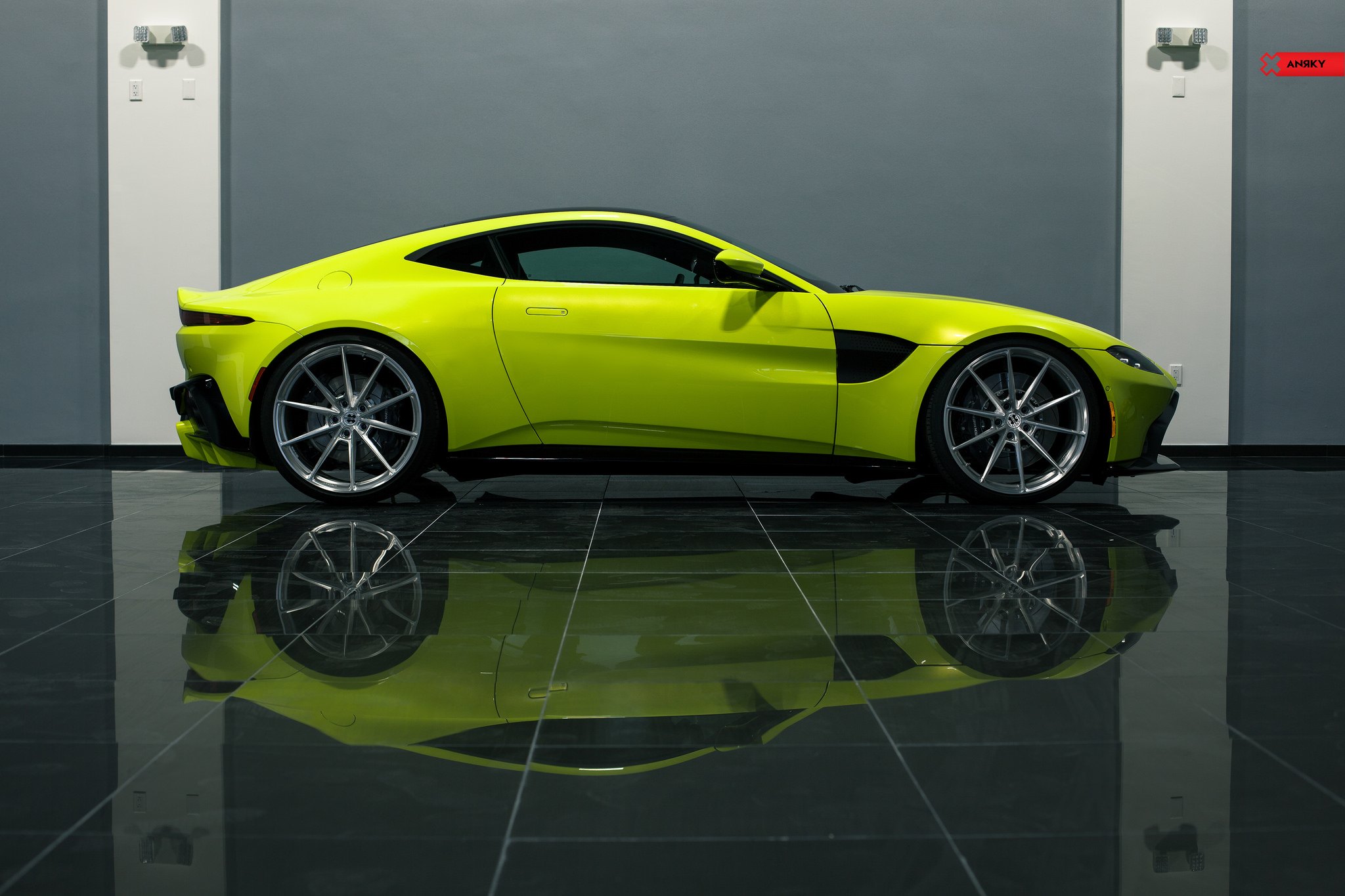 Aftermarket Side Skirts on Lime Green Aston Martin Vantage - Photo by ANRKY Wheels