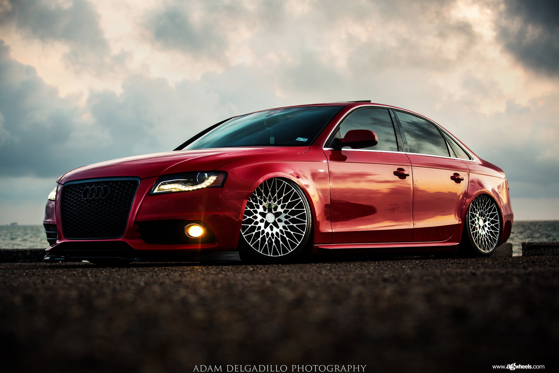 Red Lowered Audi A4 with Custom LED Headlights - Photo by Avant Garde Wheels