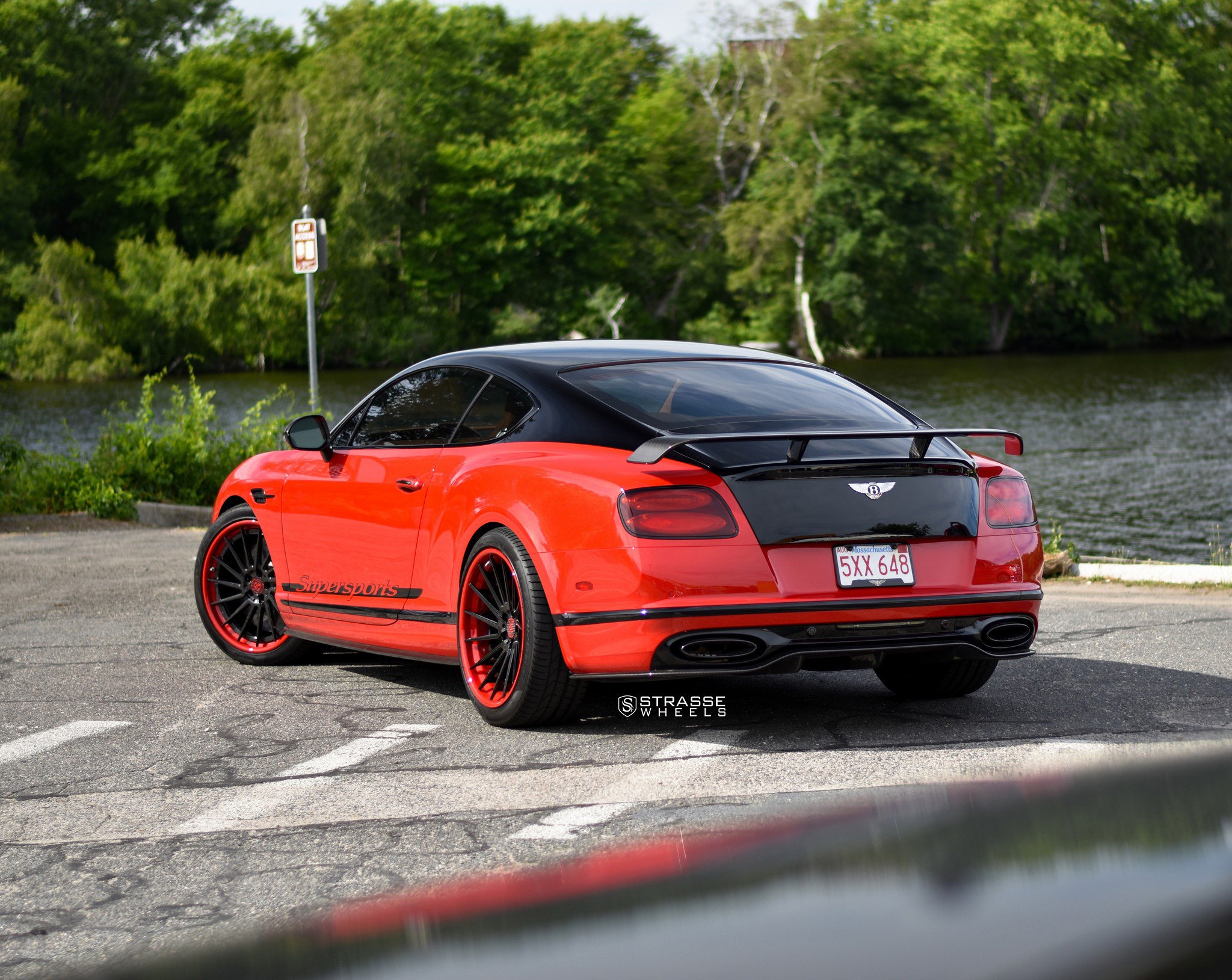 Red Bentley Continental with Carbon Fiber Rear Spoiler - Photo by Strasse Wheels