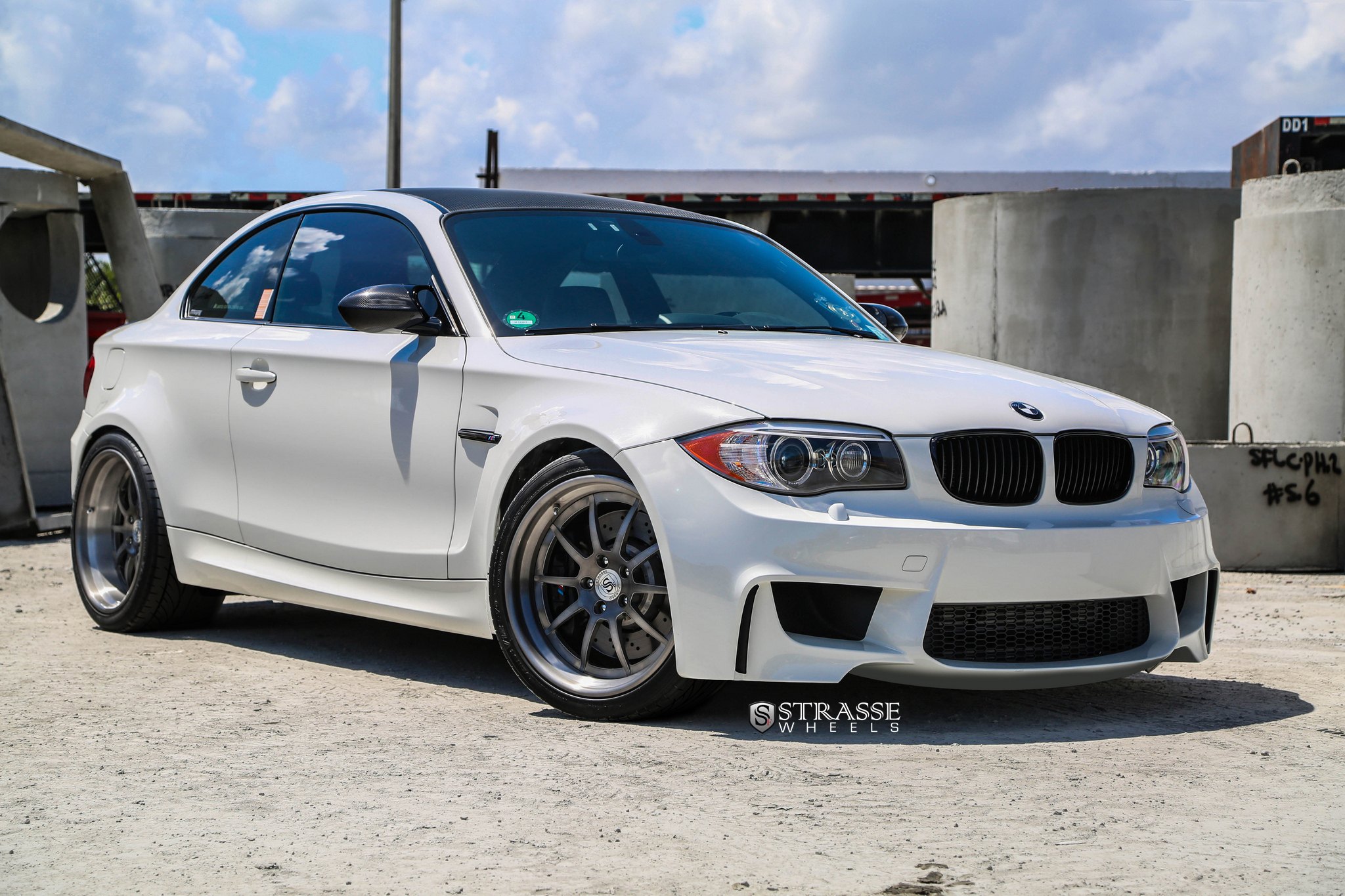 White BMW 1-Series with Aftermarket Halo Headlights - Photo by Strasse Forged