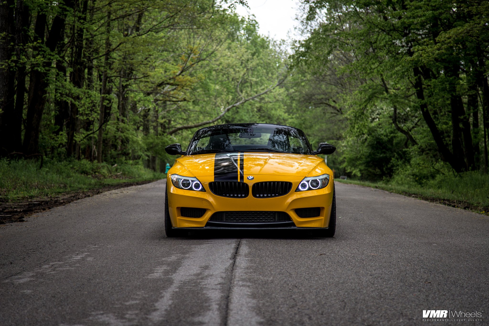 Aftermarket Halo Headlights on Yellow BMW Z4 - Photo by VMR wheels