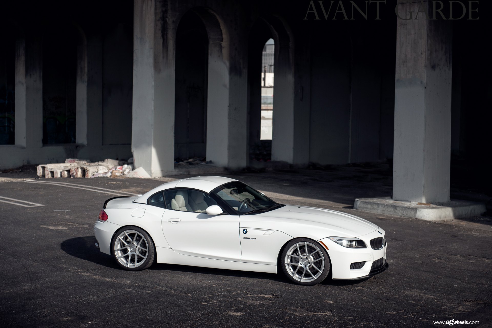 White Lowered BMW Z4 with Polished Avant Garde Rims - Photo by Avant Garde Wheels