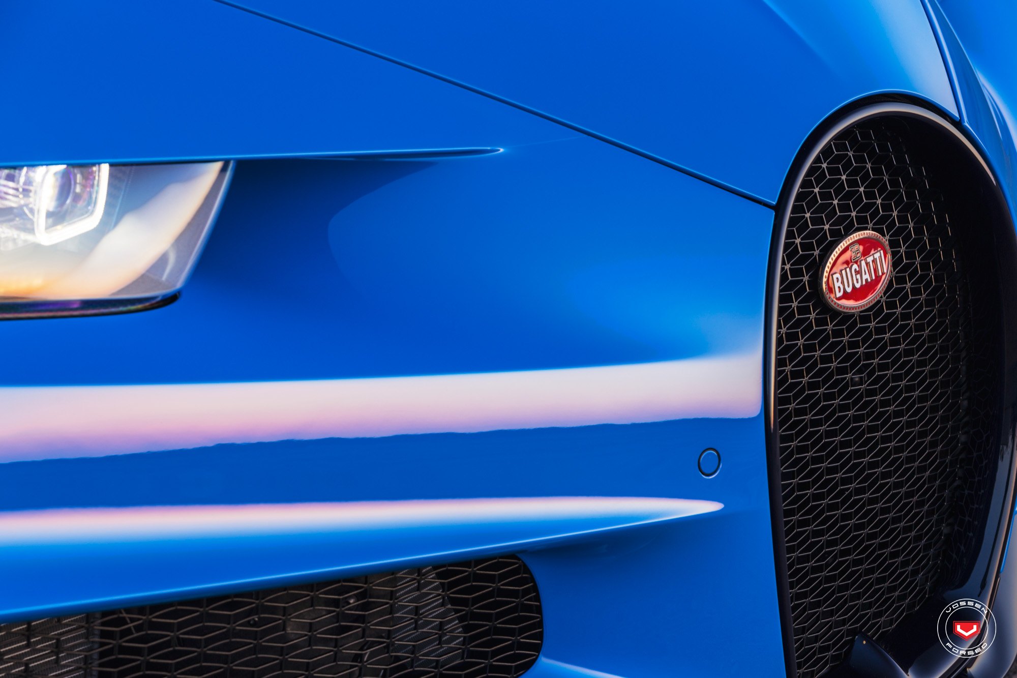 Blacked Out Mesh Grille on Blue Bugatti Chiron - Photo by Vossen