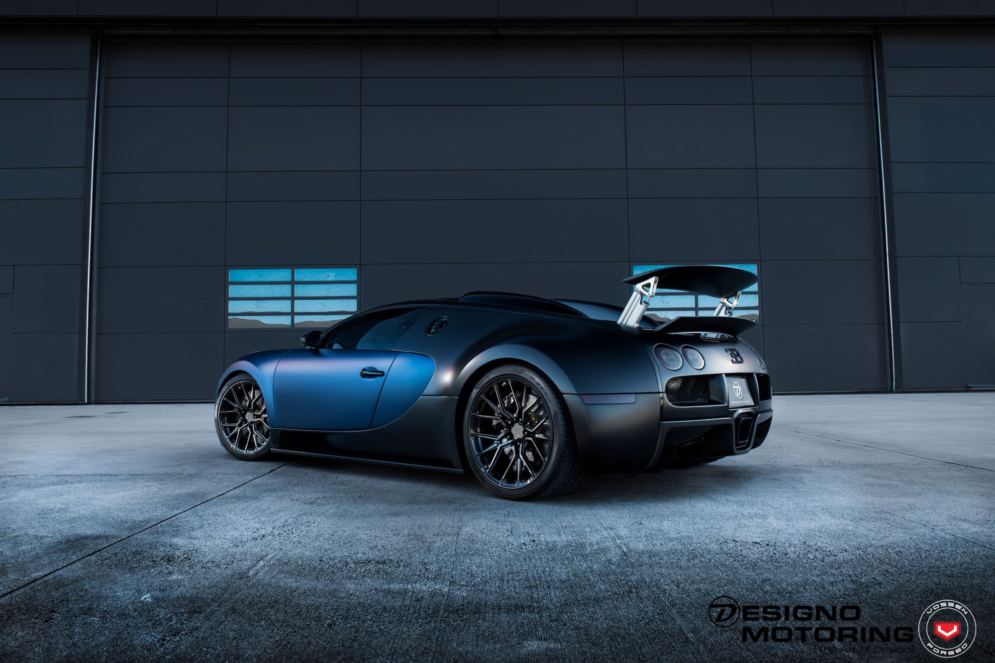 Dark Blue Bugatti Veyron with Large Wing Spoiler - Photo by Vossen