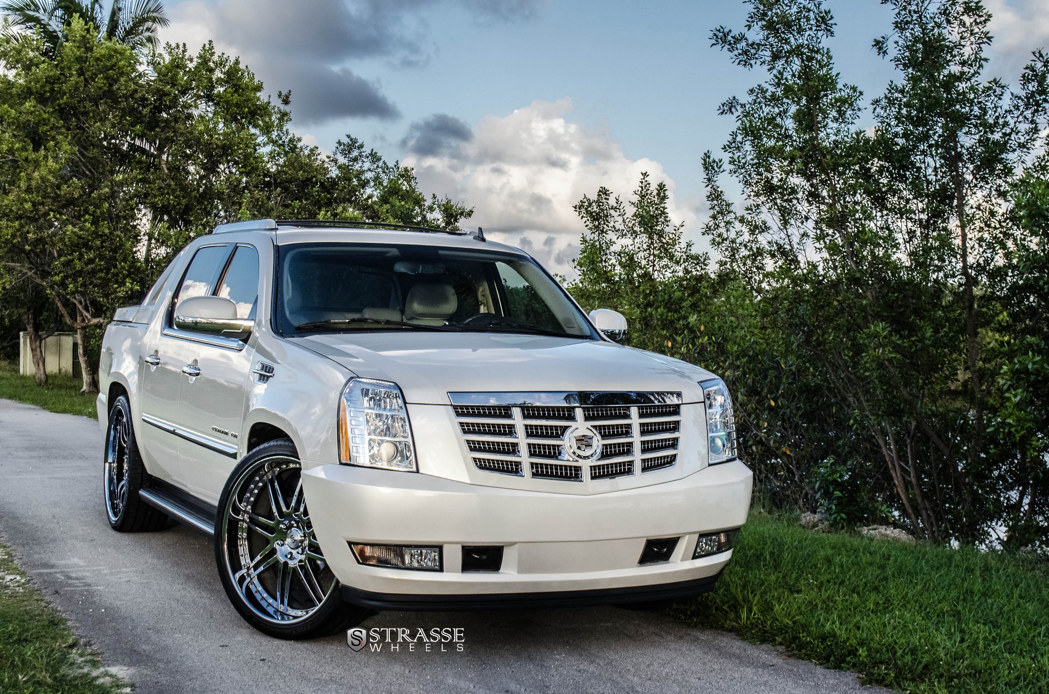 Custom White Cadillac Escalade with Chrome Mesh Grille - Photo by Strasse Forged