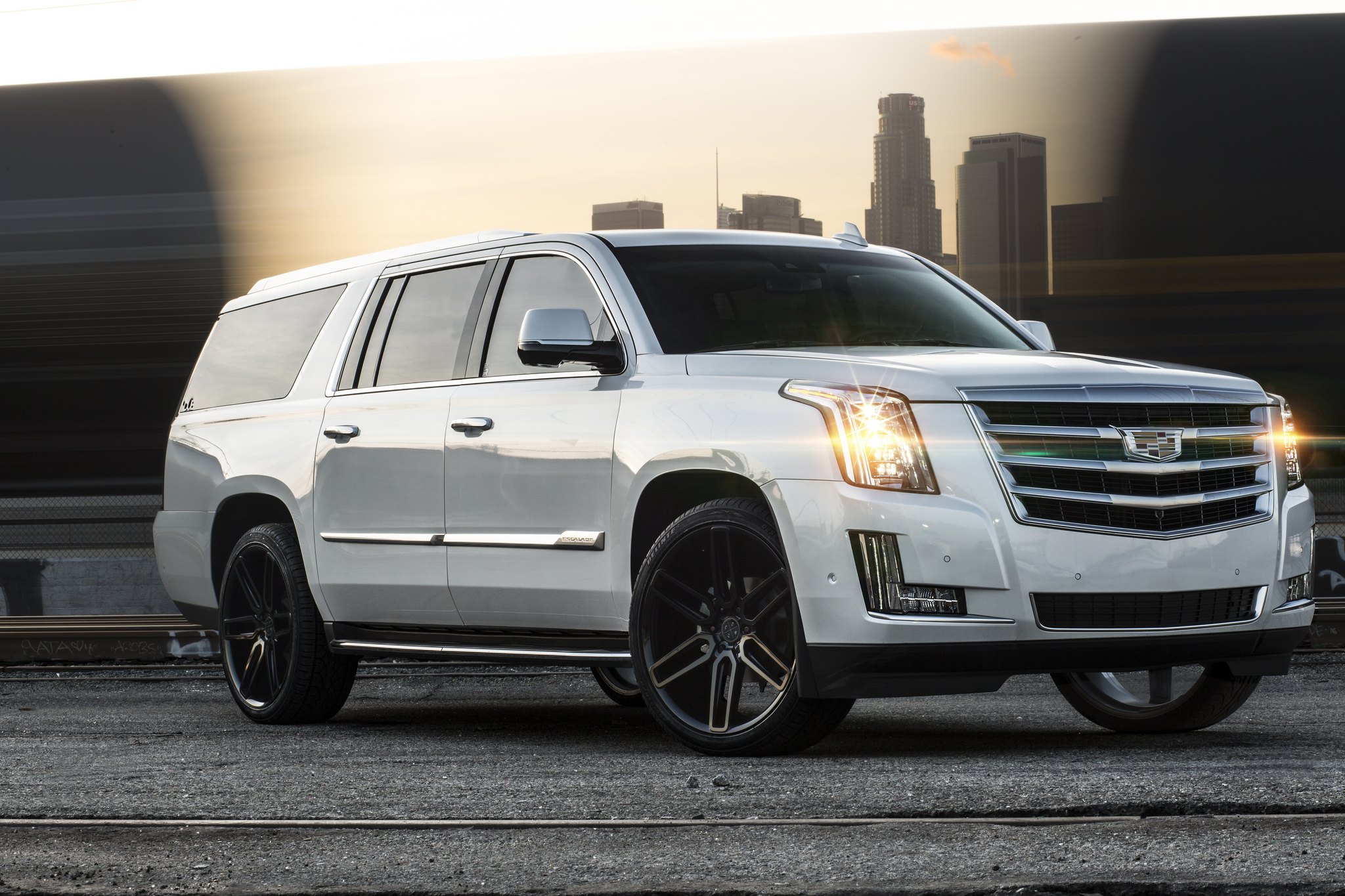 Front Bumper with LED Lights on Gray Cadillac Escalade - Photo by Blaque Diamond Wheels