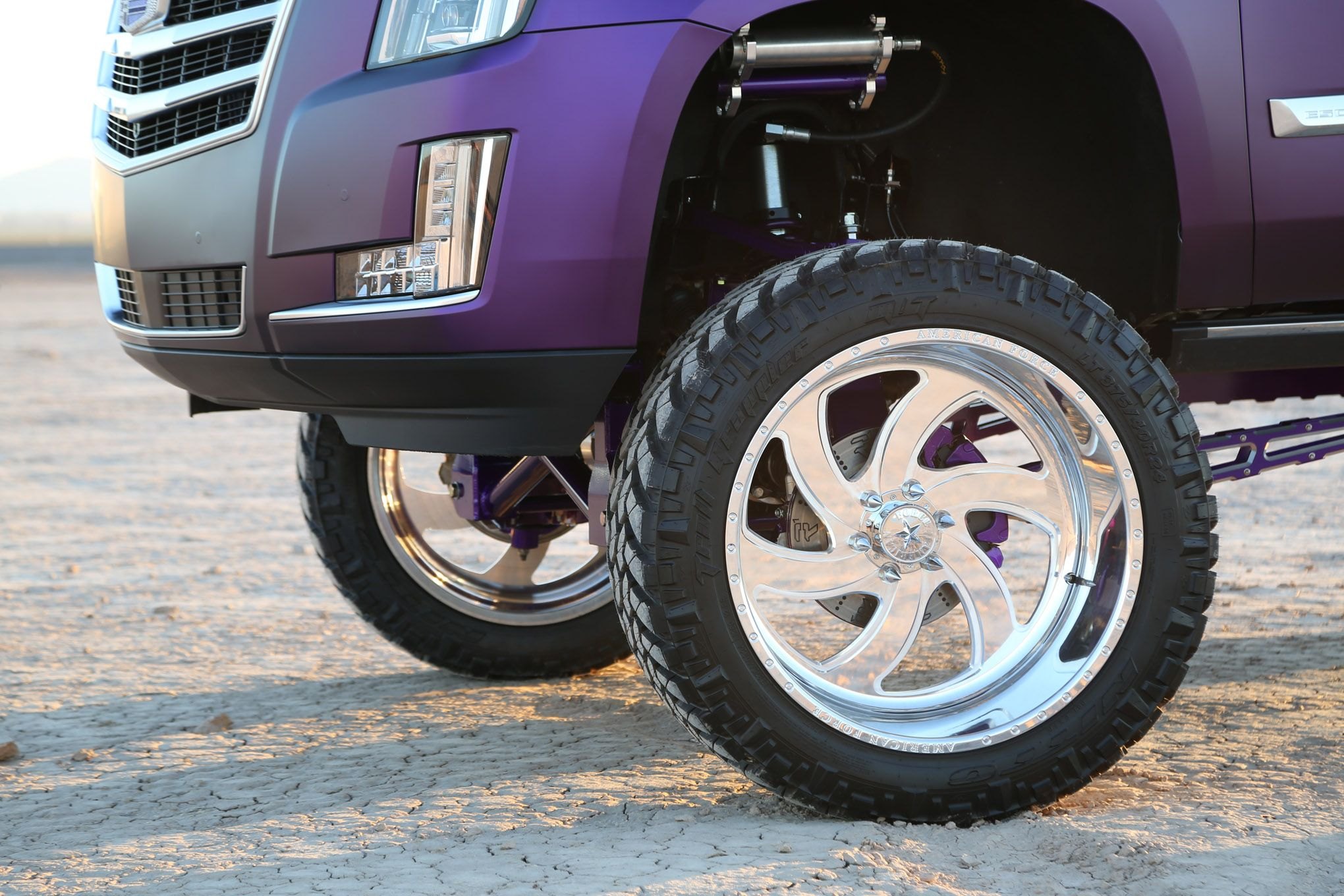 Front Bumper with LED Lights on Matte Purple Cadillac Escalade - Photo by John O' Neill