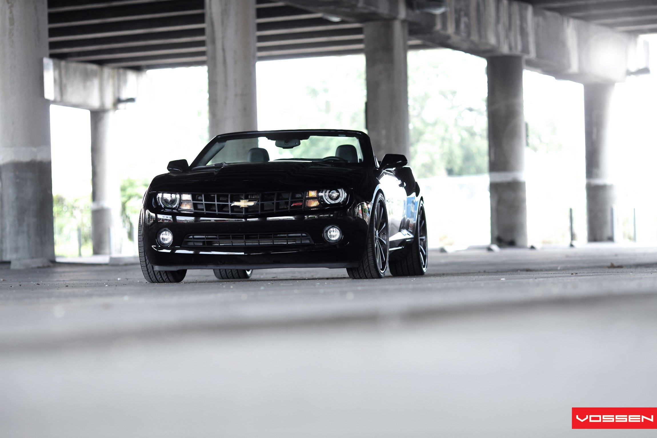 Black Convertible Chevy Camaro with Custom Headlights - Photo by Vossen