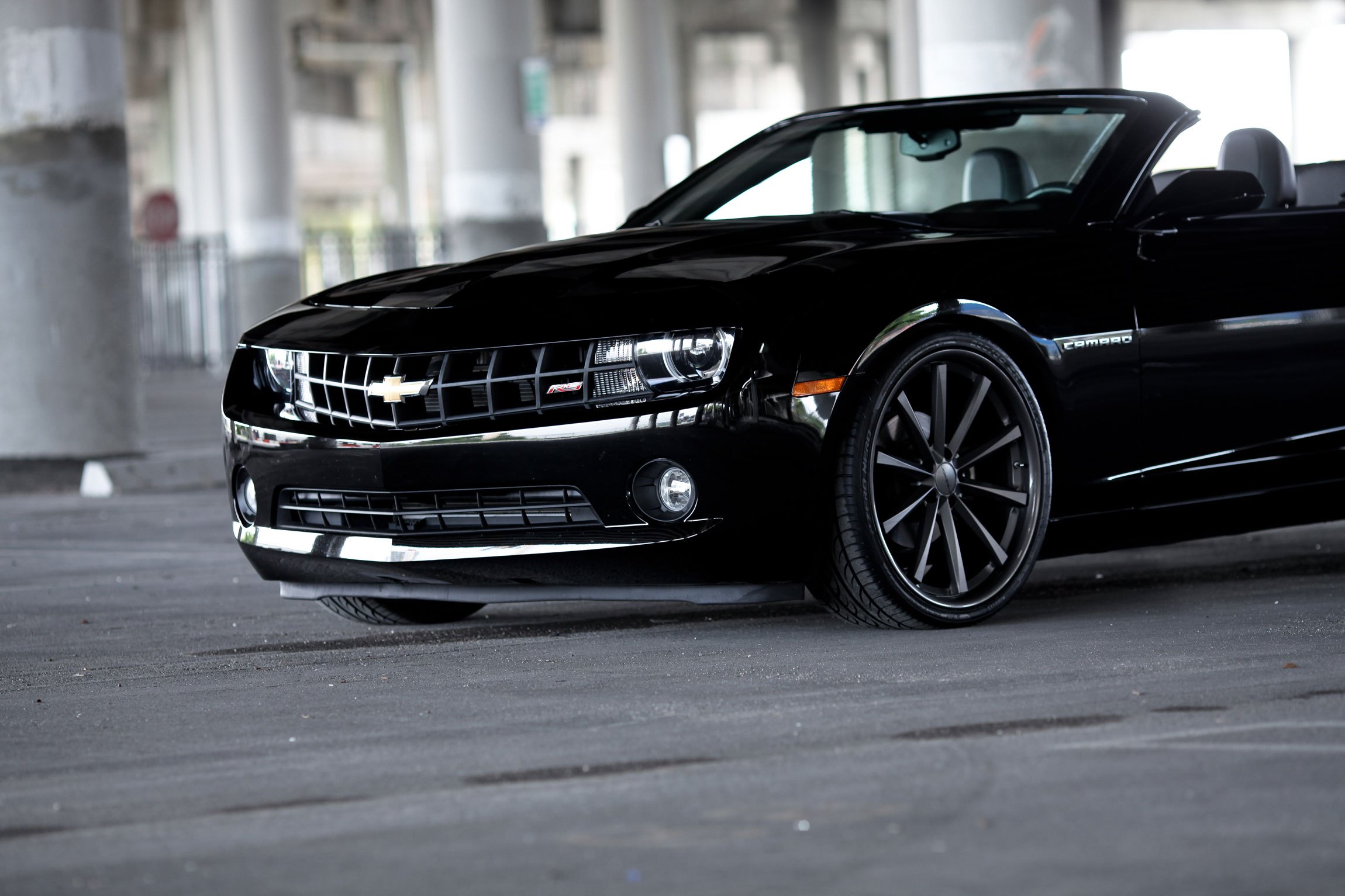 Aftermarket Front Bumper on Black Convertible Chevy Camaro - Photo by Vossen