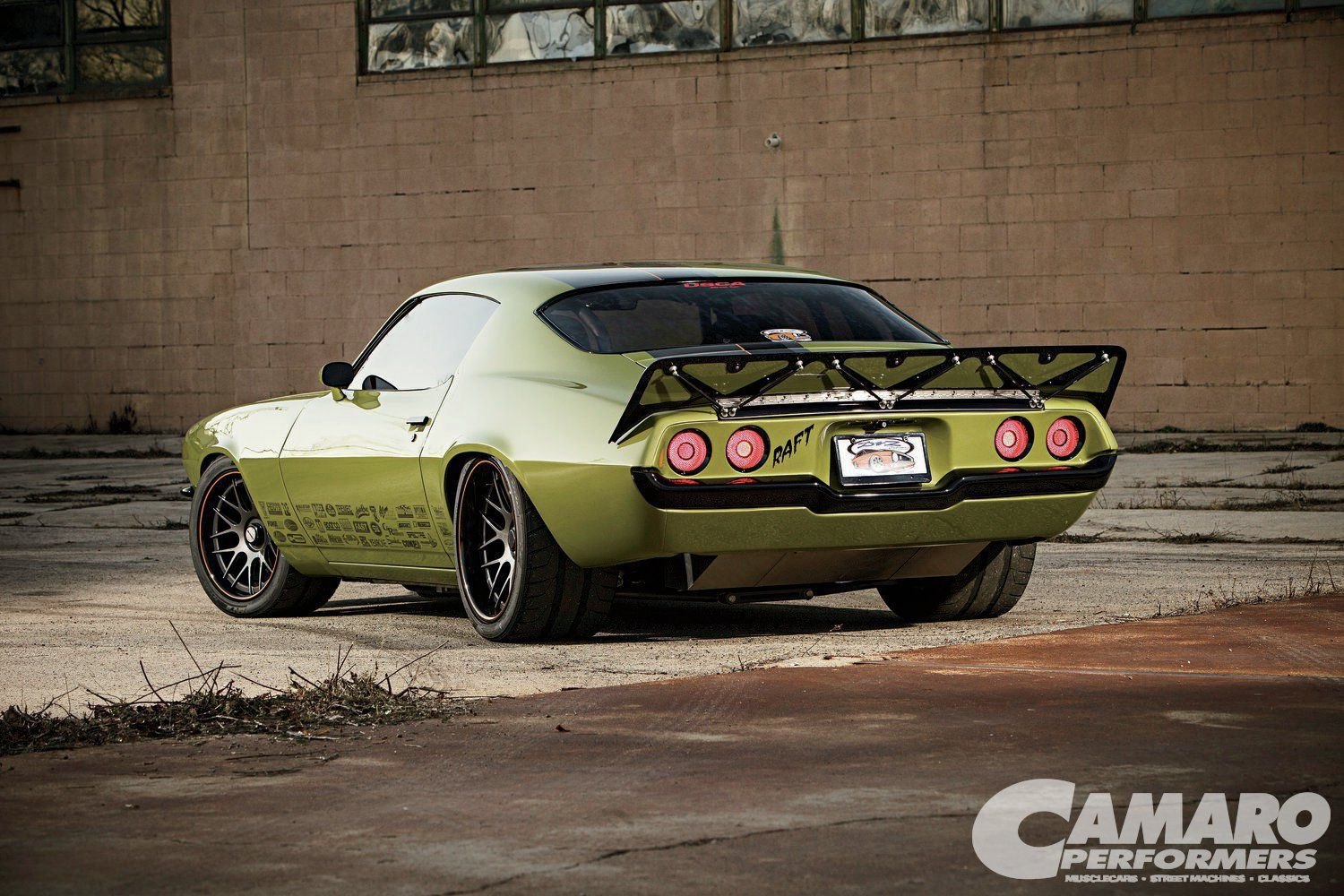 Aftermarket Rear Spoiler on Green Debadged Chevy Camaro - Photo by Forgeline Motorsports