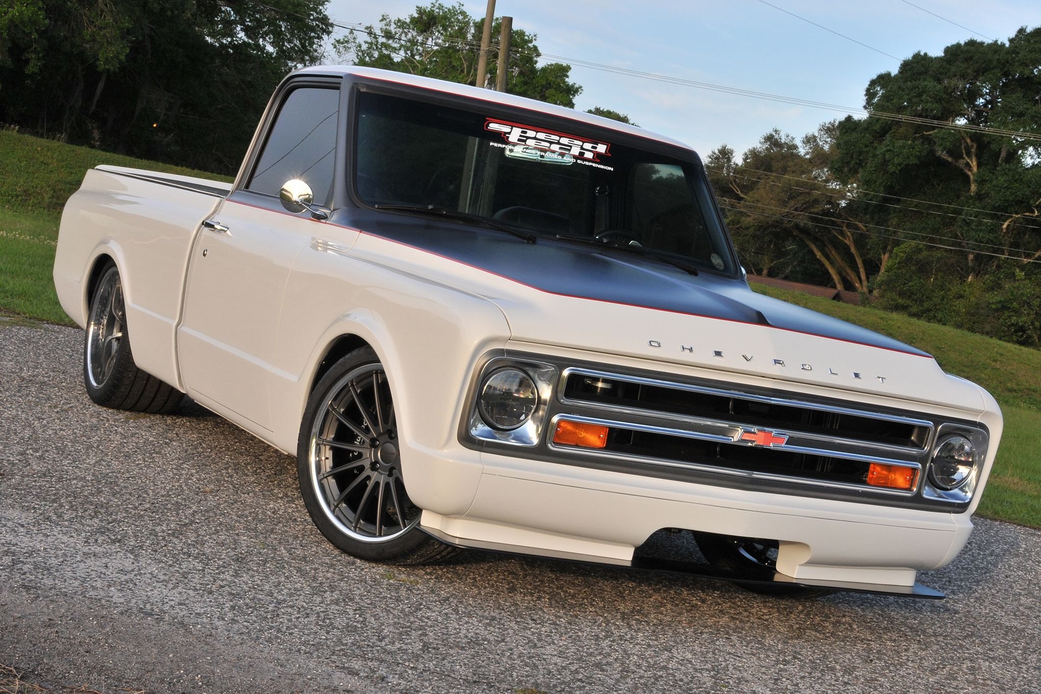 White Lowered Chevy CK with Custom Front Bumper - Photo by Forgeline Motorsports