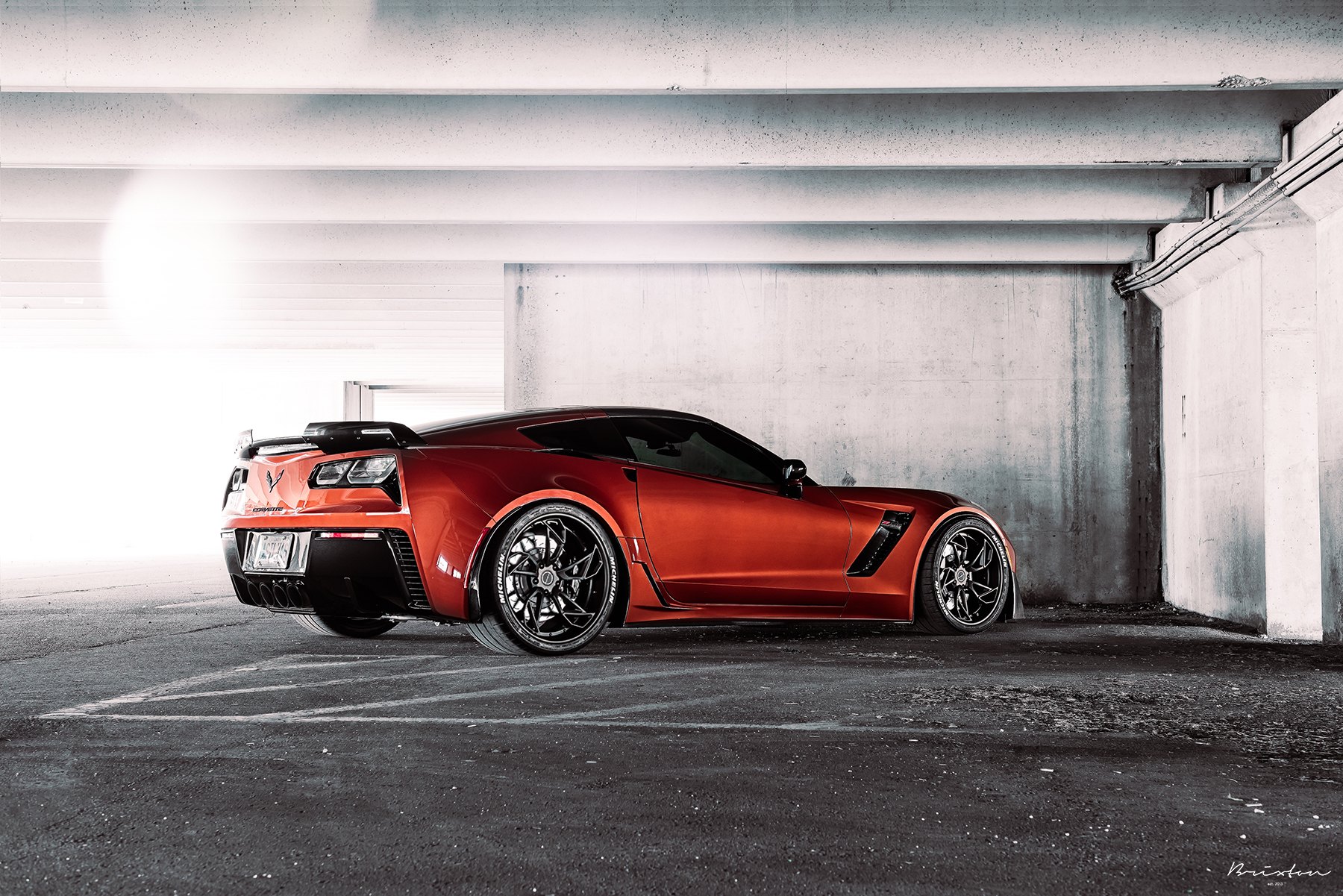 Orange Chevy Corvette with Custom Style Rear Spoiler - Photo by Brixton Forged Wheels