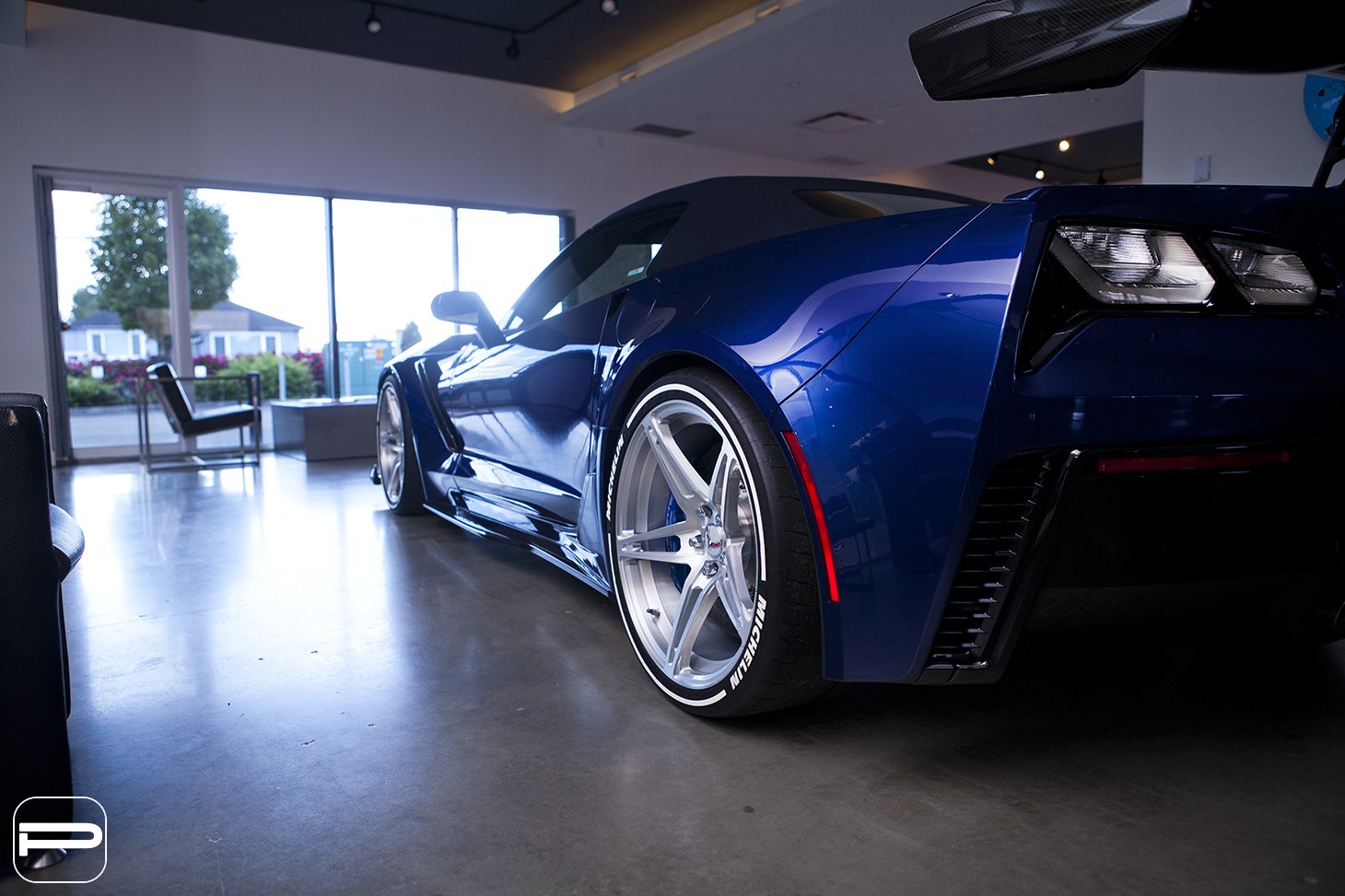 Large Sport Wing Spoiler on Blue Chevy Corvette - Photo by PUR Wheels