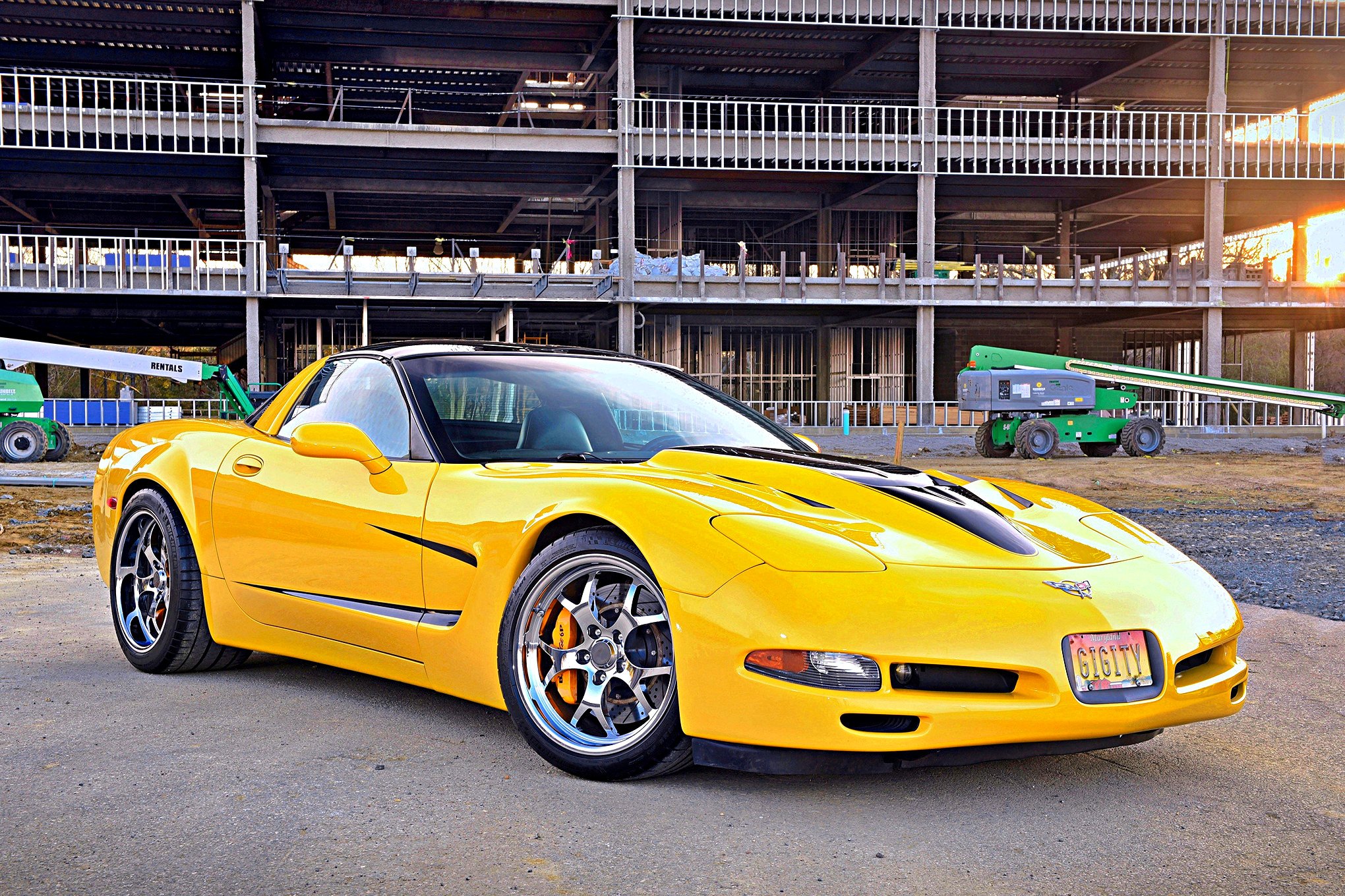 Yellow Chevy Corvette with Aftermarket Vented Hood - Photo by Scotty Lachenauer