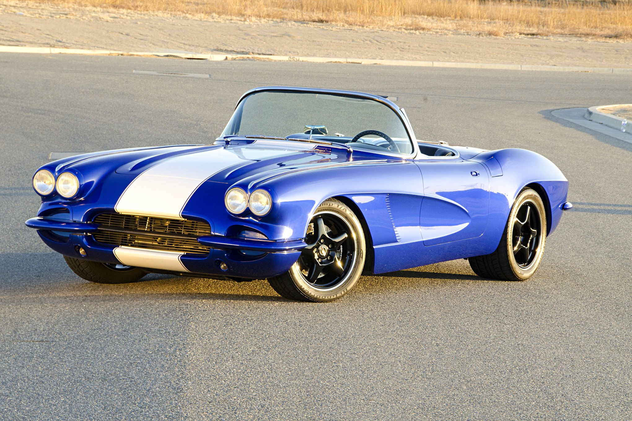 Custom Blue Convertible Chevy Corvette with White Stripes - Photo by Steve Temple