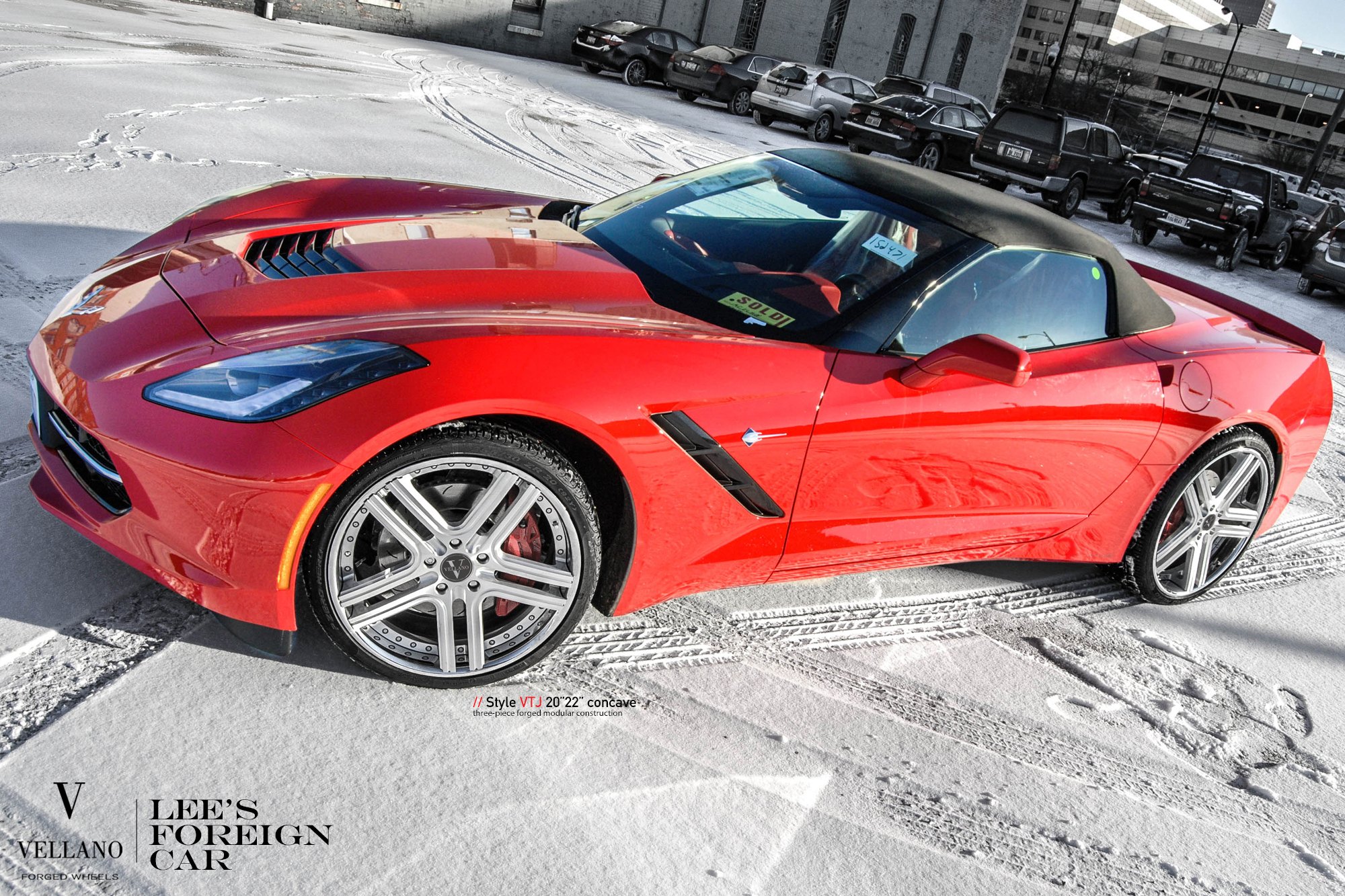 Red Chevy Corvette with Aftermarket Vented Hood - Photo by Vellano