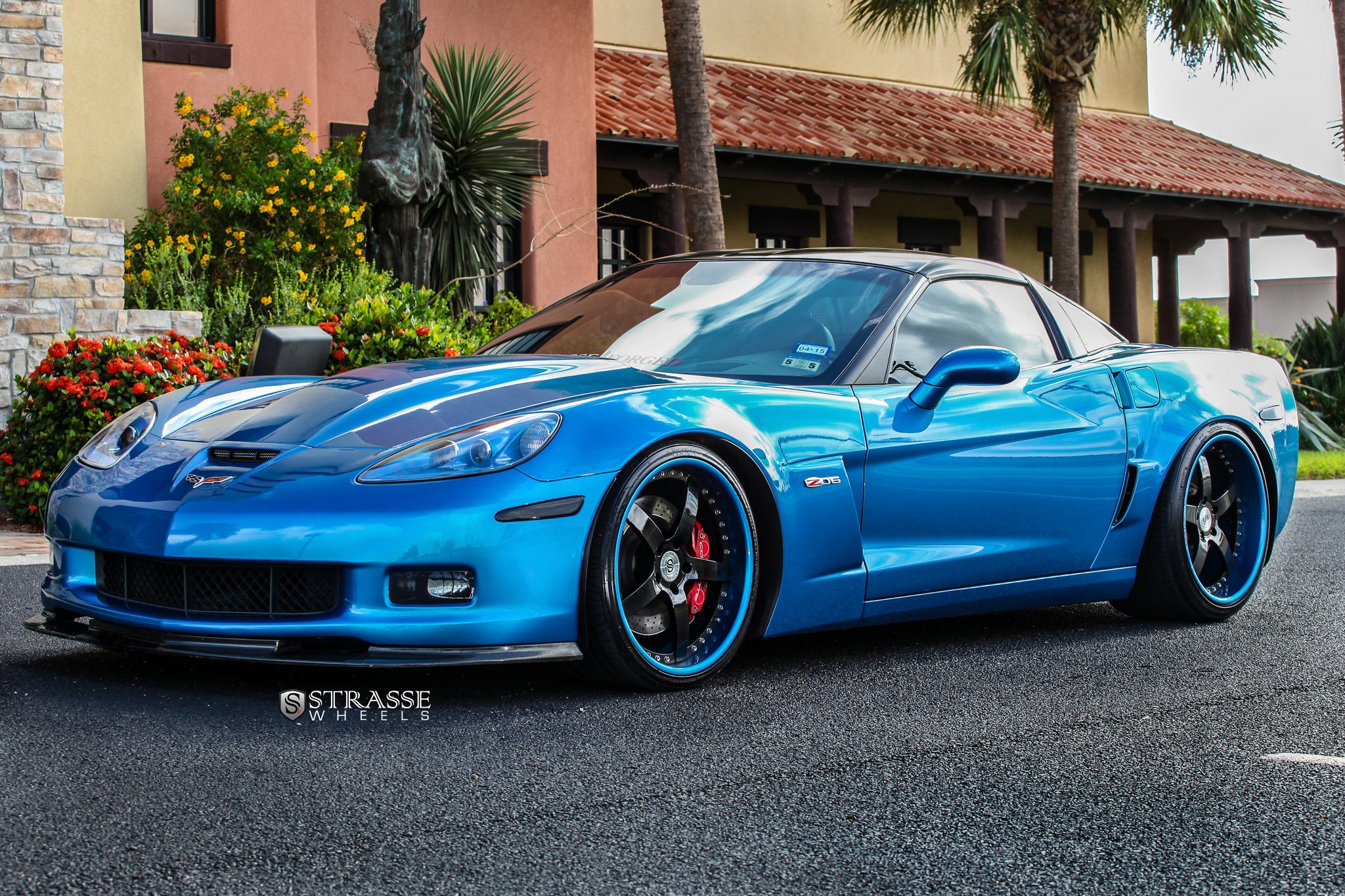 Aftermarket Halo Headlights on Blue Chevy Corvette - Photo by Strasse Forged
