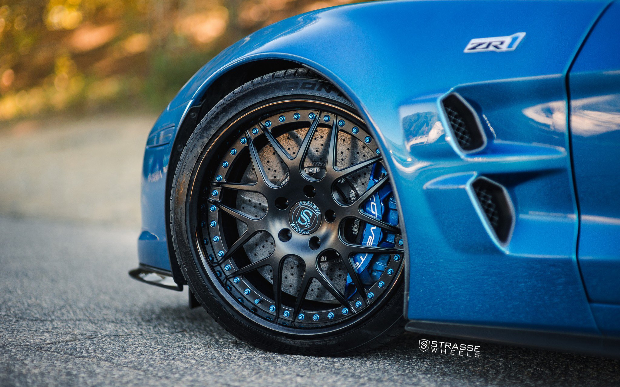 Matte Black Strasse Wheels on Blue Chevy Corvette ZR1 - Photo by Strasse Forged