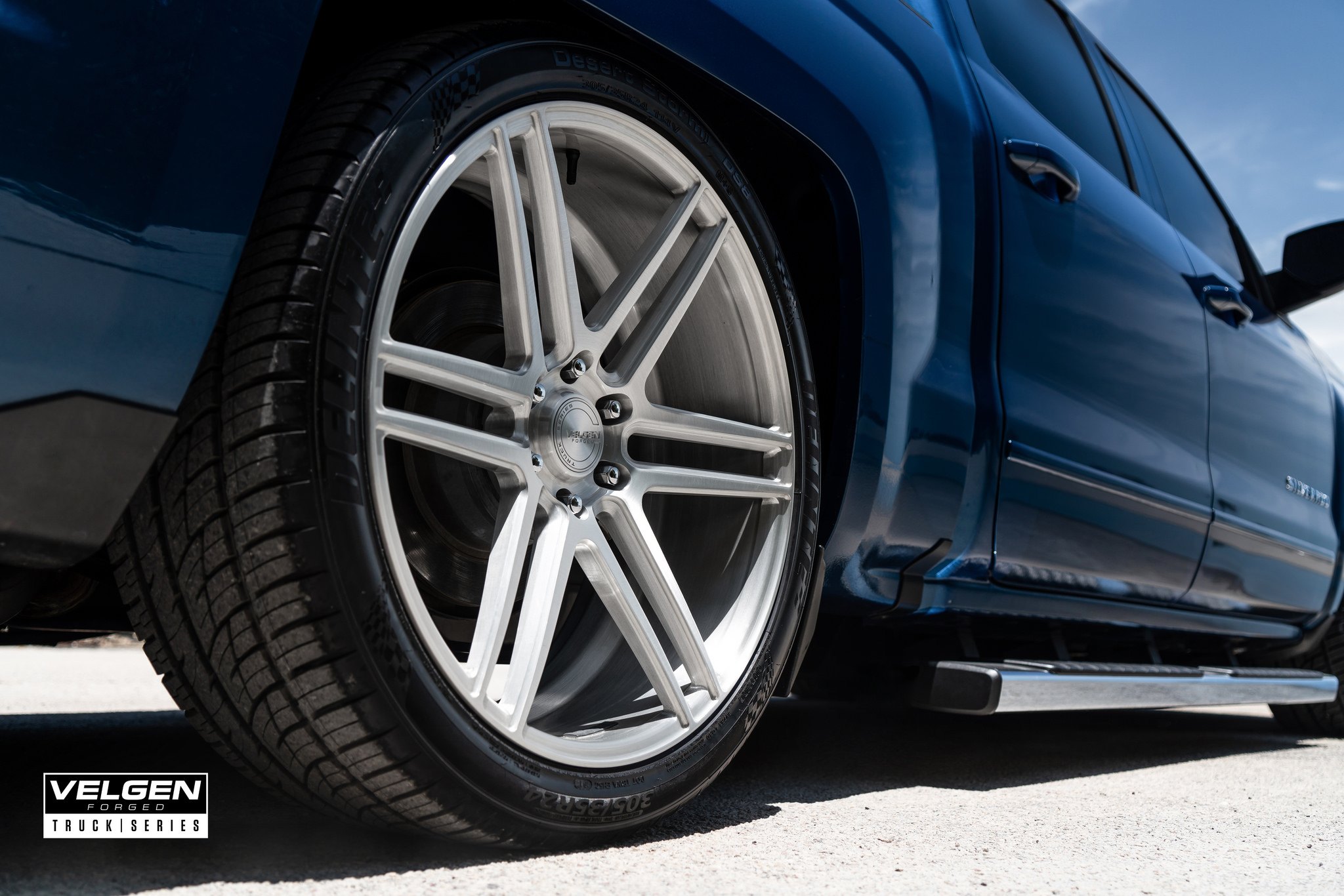 Chrome Forged Velgen Wheels on Blue Chevy Silverado - Photo by Velgen