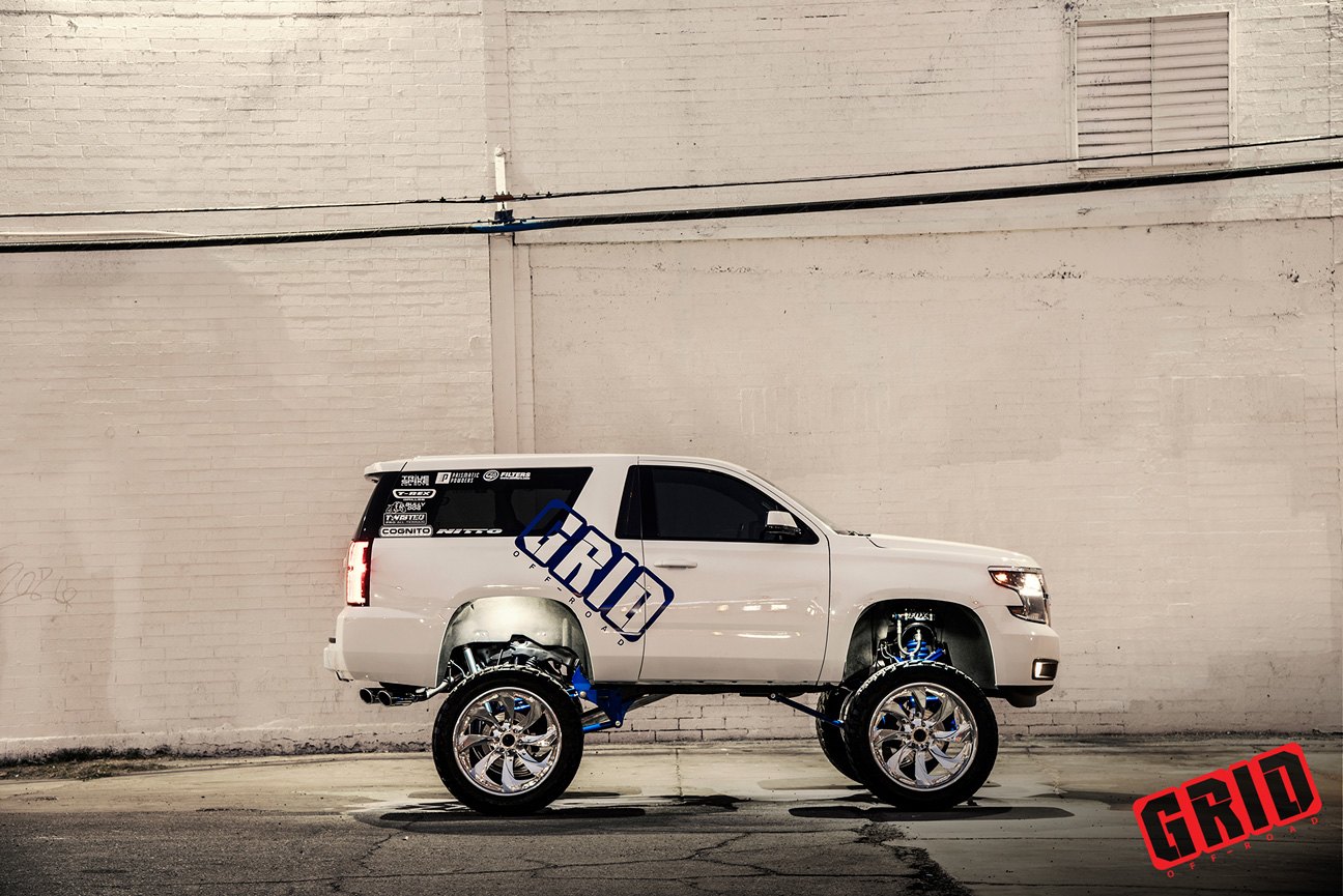 Truck Queen White Chevy Tahoe on Fox Suspension Lift Kit — CARiD.com