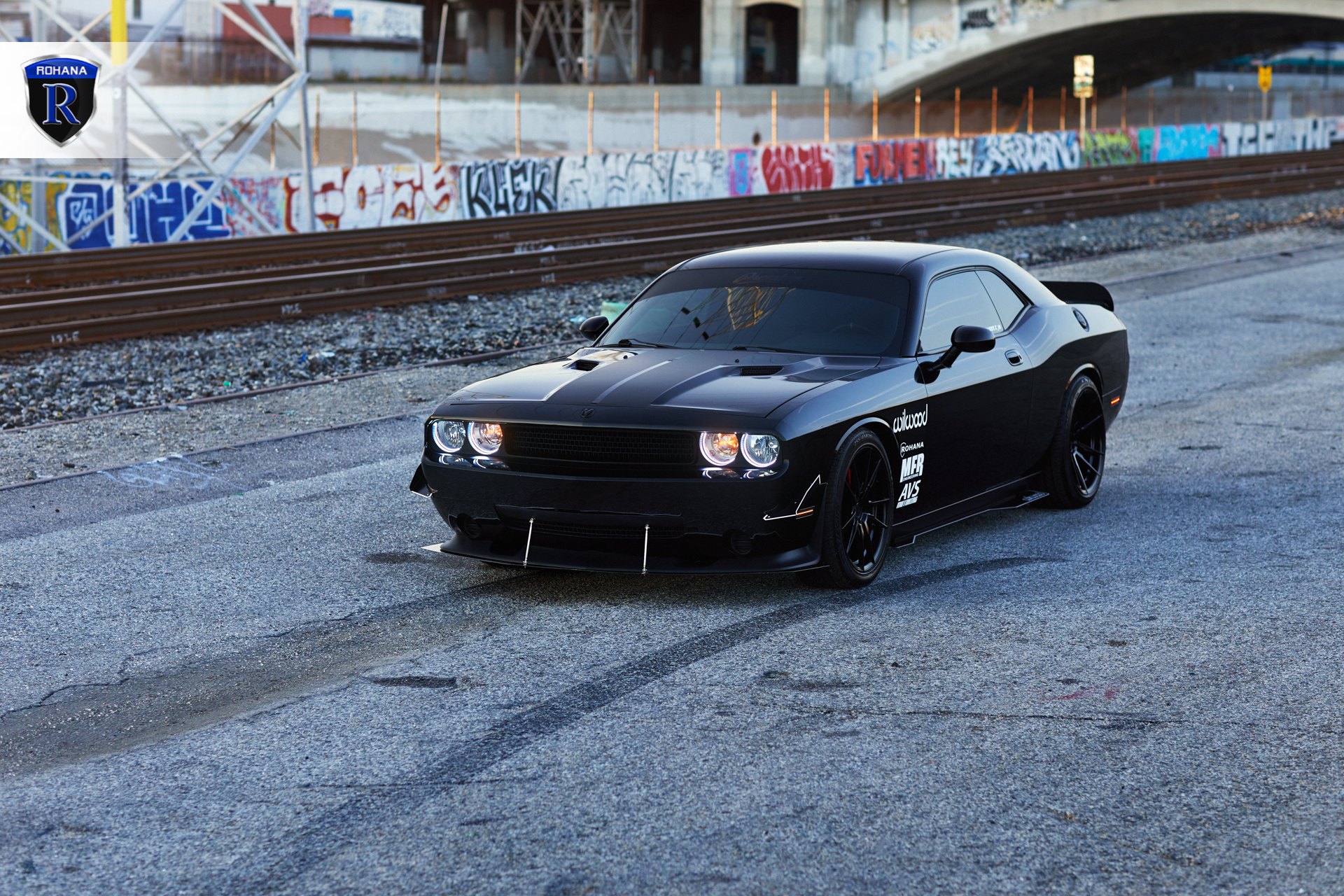 Custom Hood with Air Vents on Black Dodge Challenger - Photo by Rohana Wheels