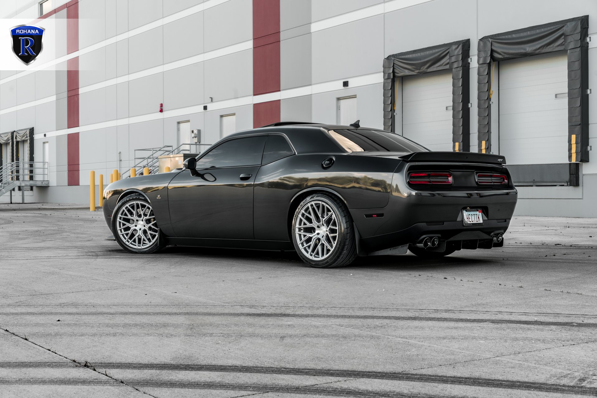 Gray Dodge Challenger with Aftermarket Rear Spoiler - Photo by Rohana Wheels