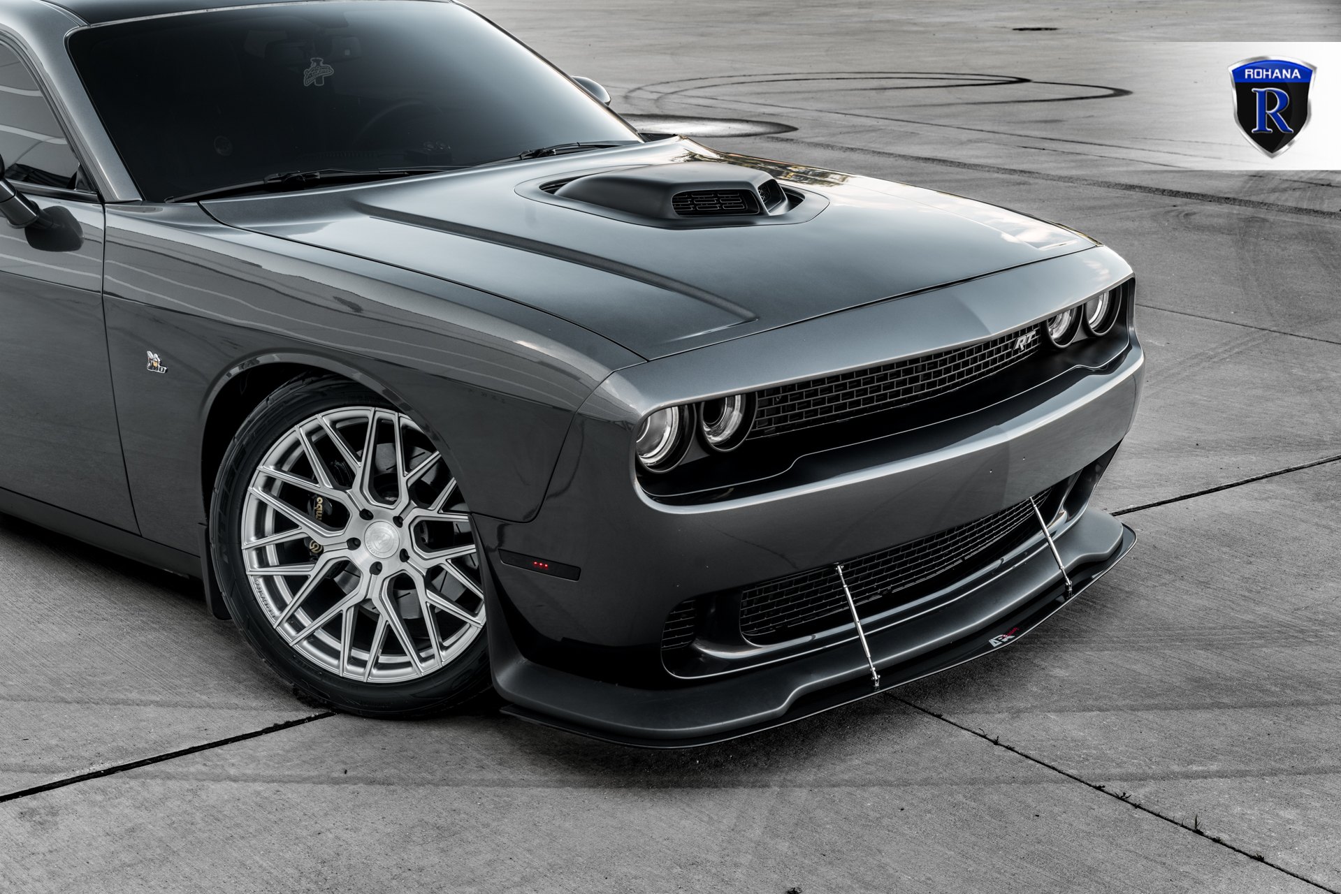 Gray Dodge Challenger with Crystal Clear Halo Headlights - Photo by Rohana Wheels