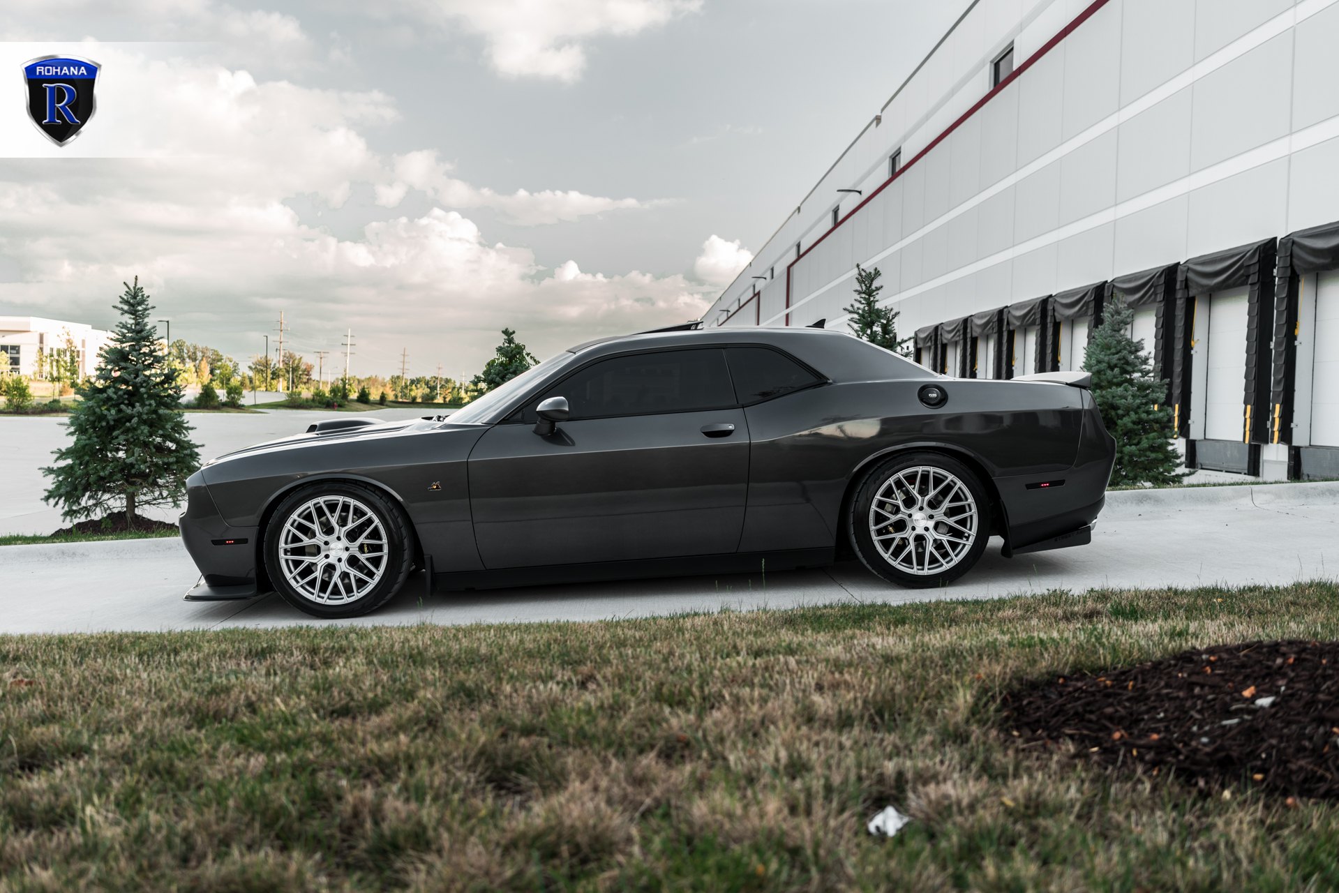 Aftermarket Side Skirts on Gray Dodge Challenger - Photo by Rohana Wheels