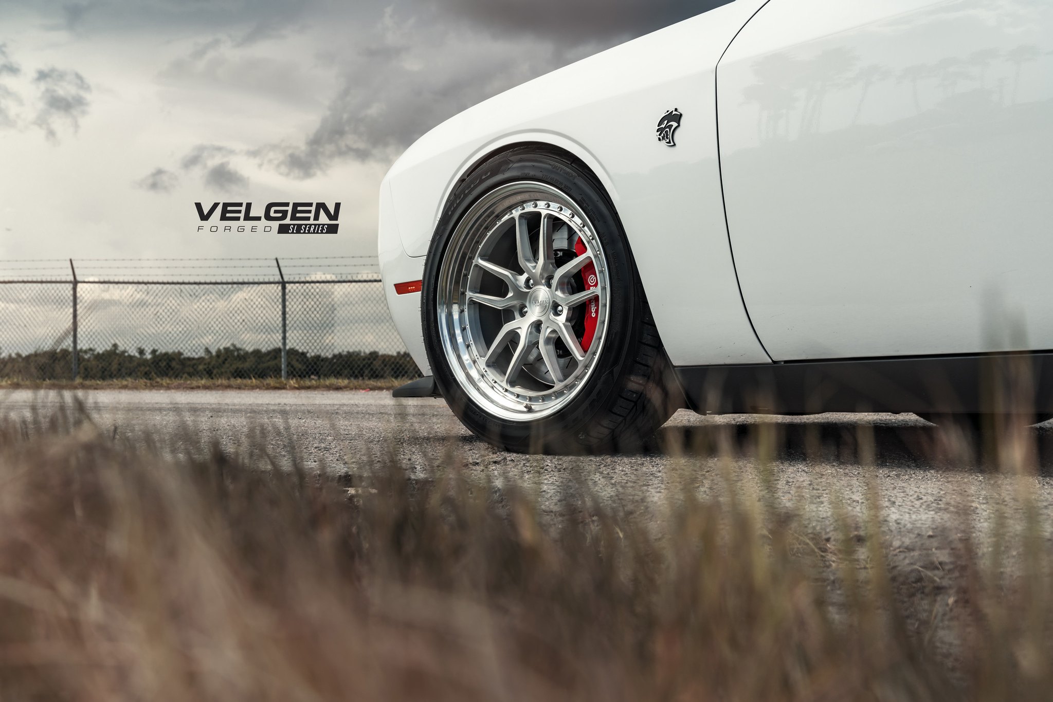 Chrome Forged Velgen Rims on White Dodge Challenger - Photo by Velgen Wheels
