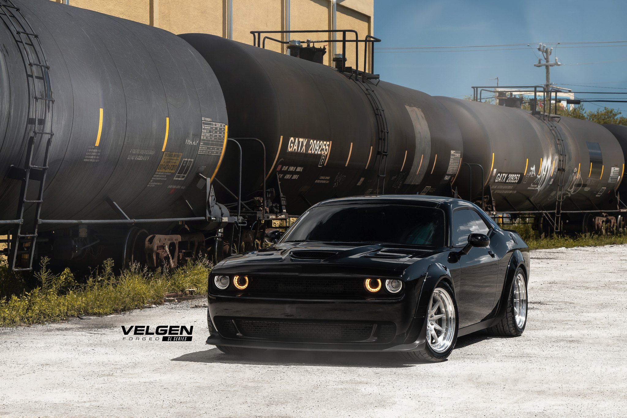 Aftermarket Vented Hood on Black Dodge Challenger - Photo by Velgen Wheels