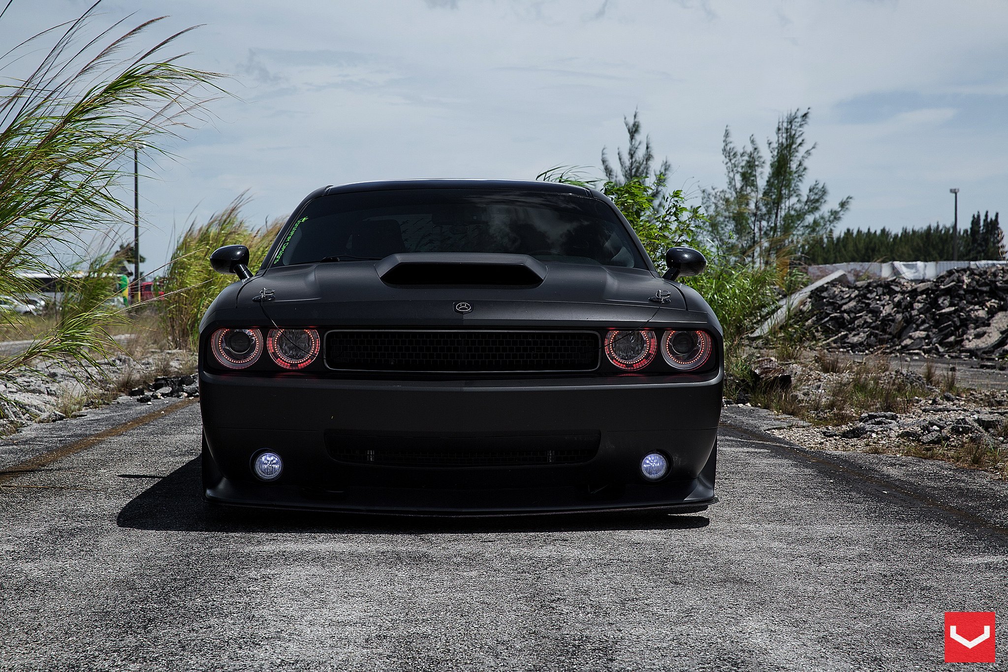Dodge Challenger With Red Oracle Halo Headlights - Photo by Vossen