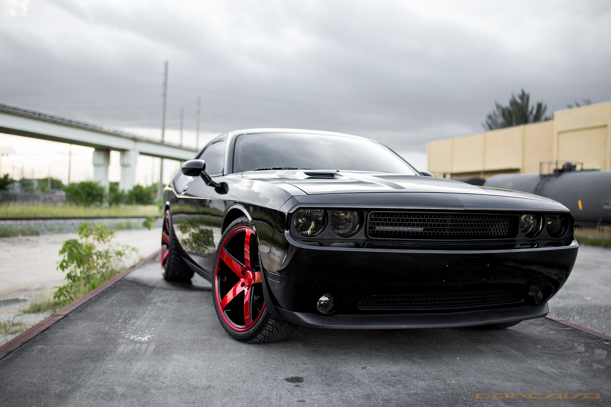 Red Concavo Custom Wheels On All-Black Dodge Challenger - Photo by Concav