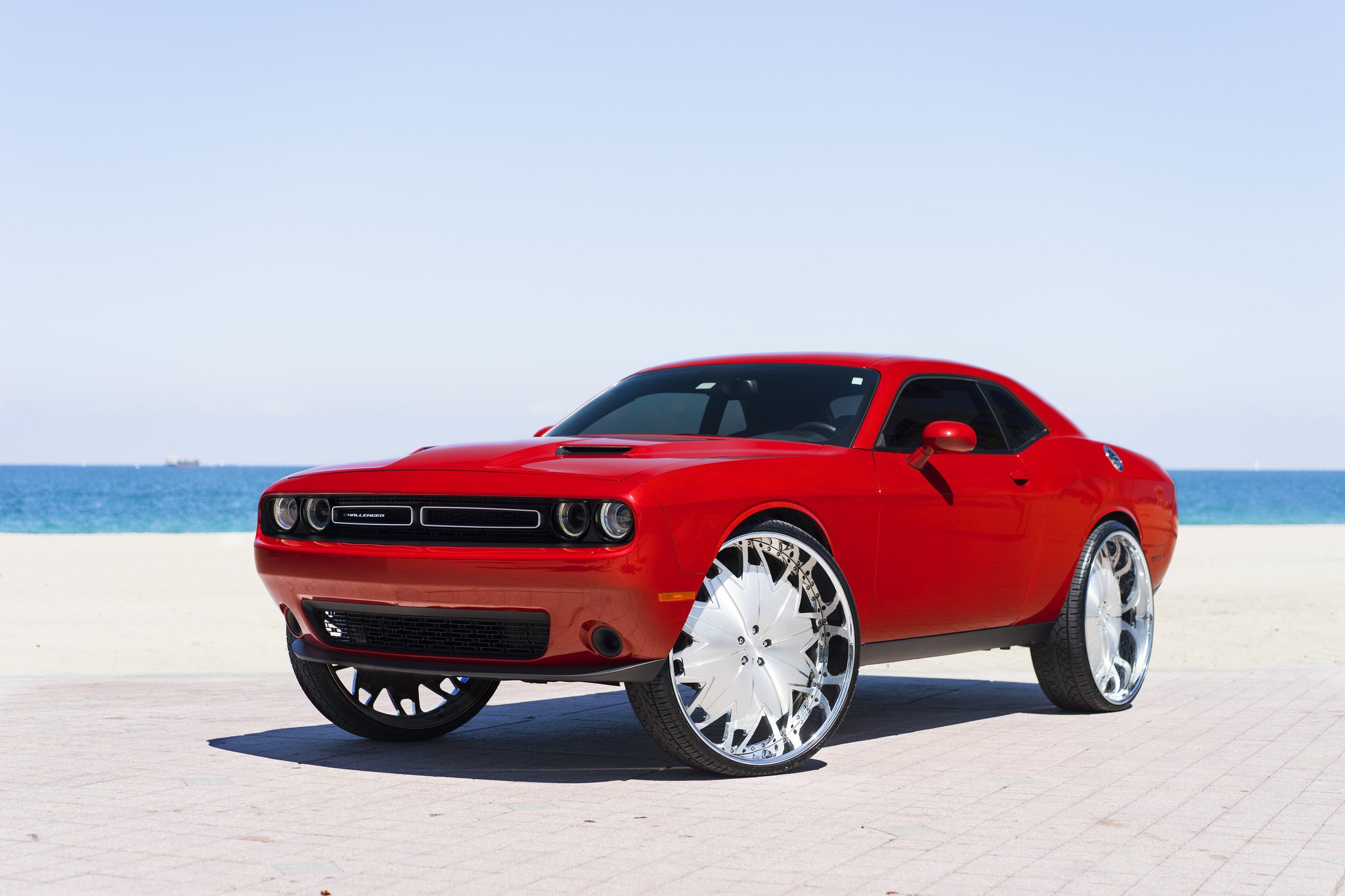 Red Dodge Challenger with Custom Black Bumper Grille - Photo by DUB