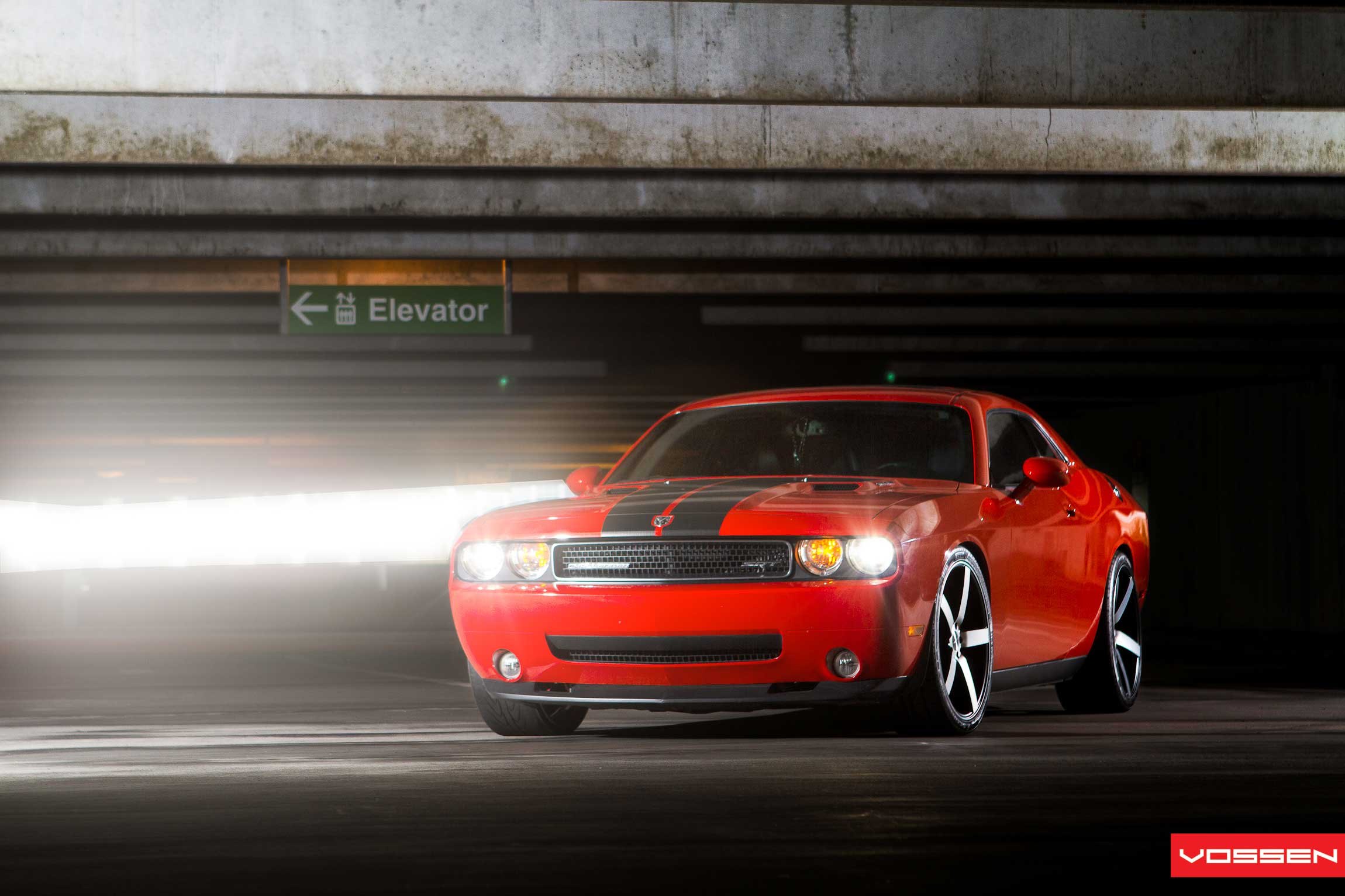 Custom Red Dodge Challenger with Black Stripes - Photo by Vossen