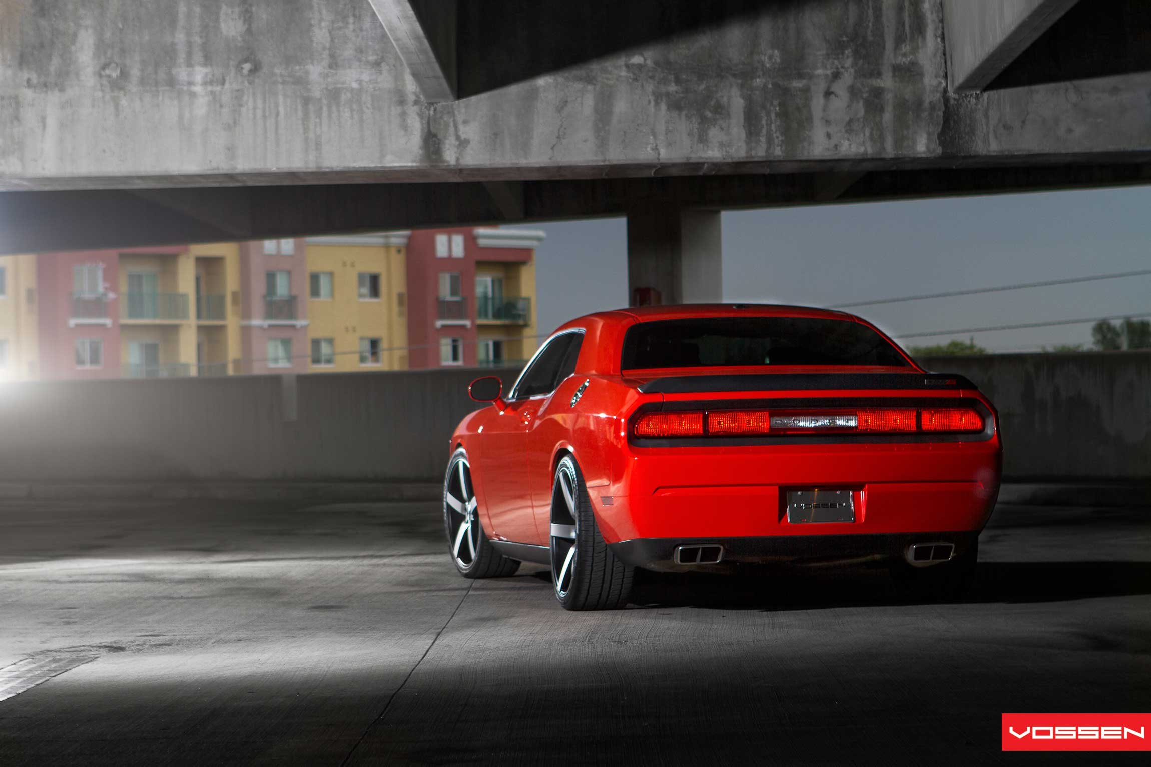 Red Dodge Challenger with Rear Spoiler - Photo by Vossen