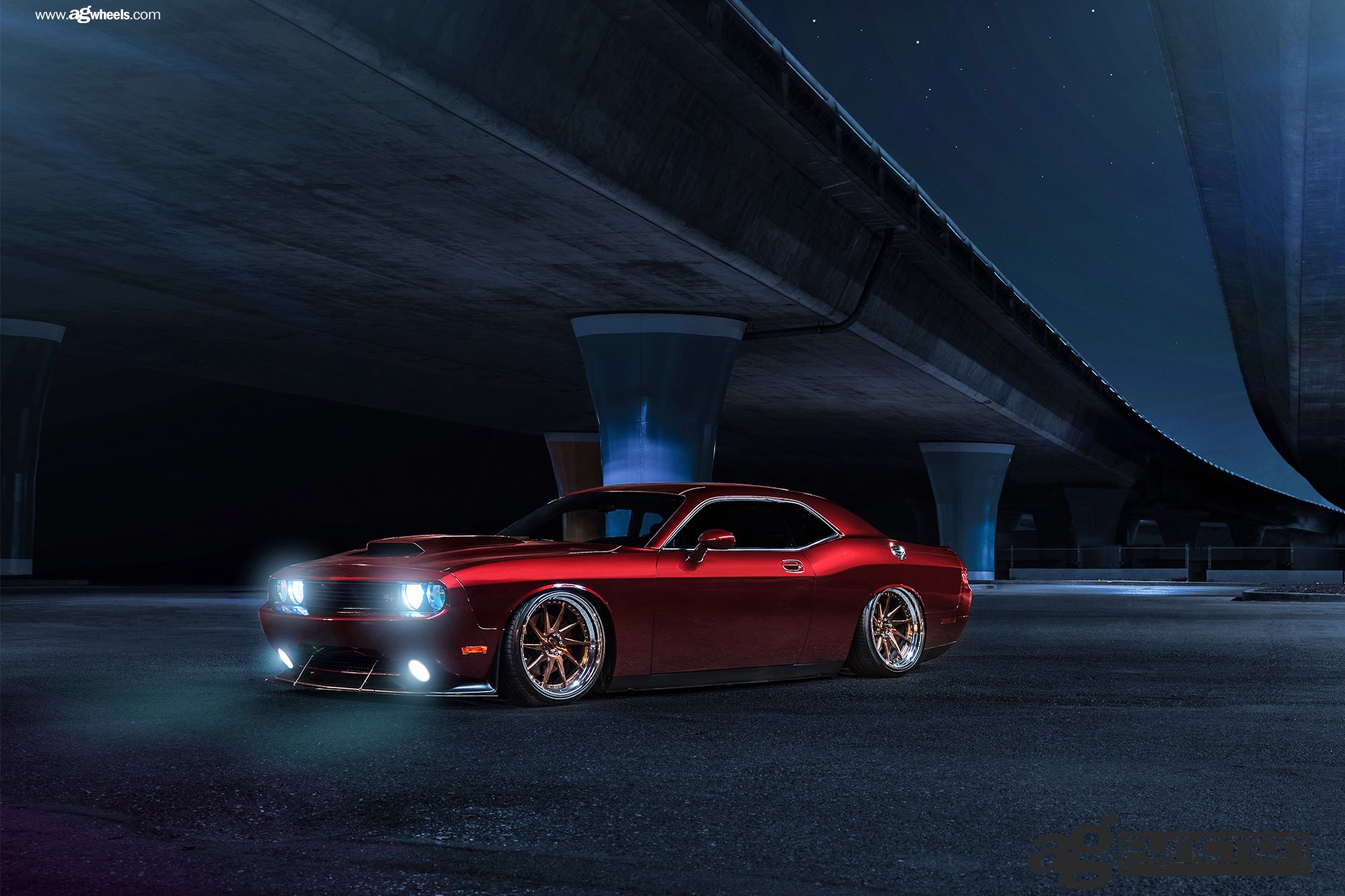Red Stanced Dodge Challenger RT with Custom Hood - Photo by Avant Garde Wheels
