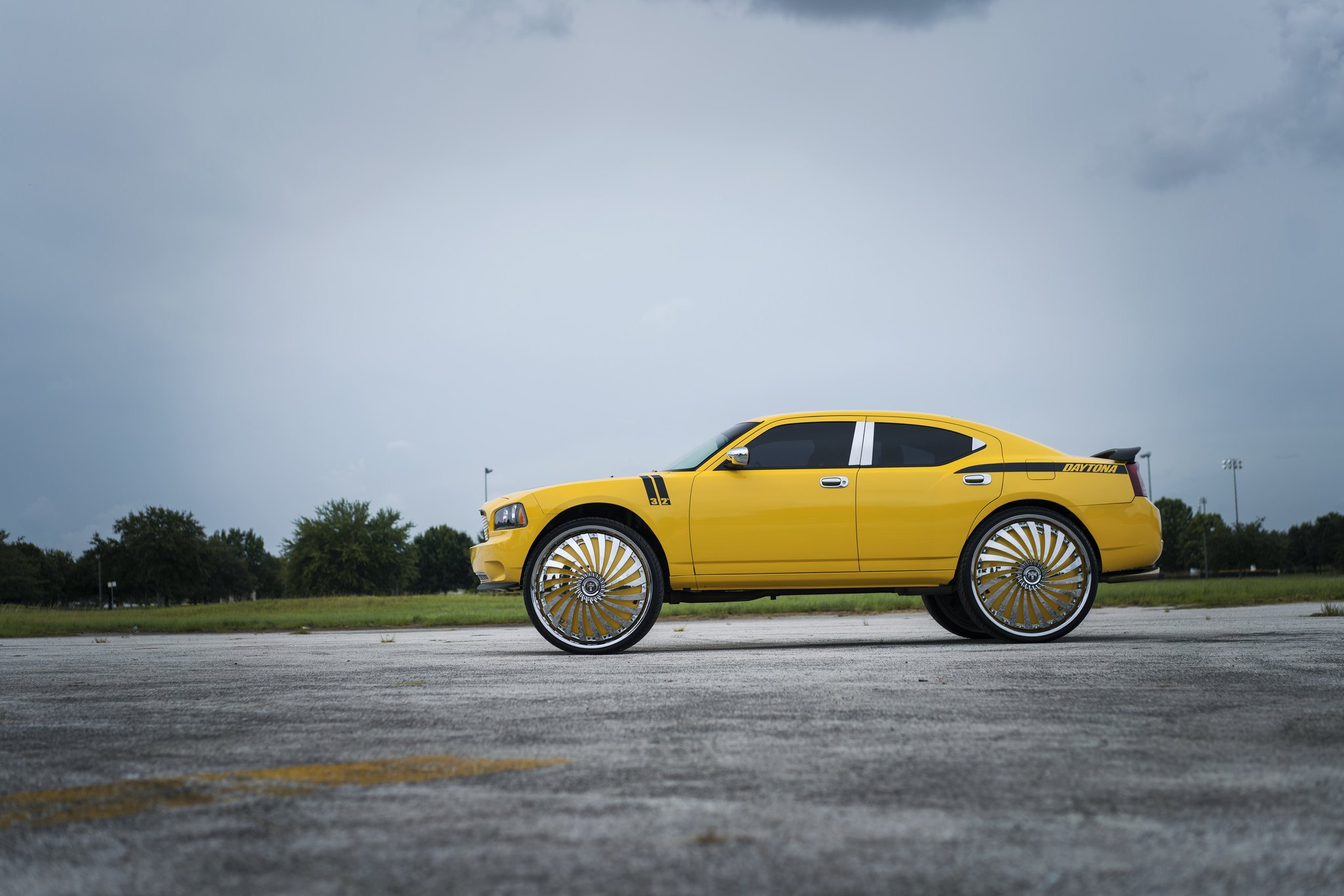Yellow Dodge Charger on Chrome DUB Wheels - Photo by DUB