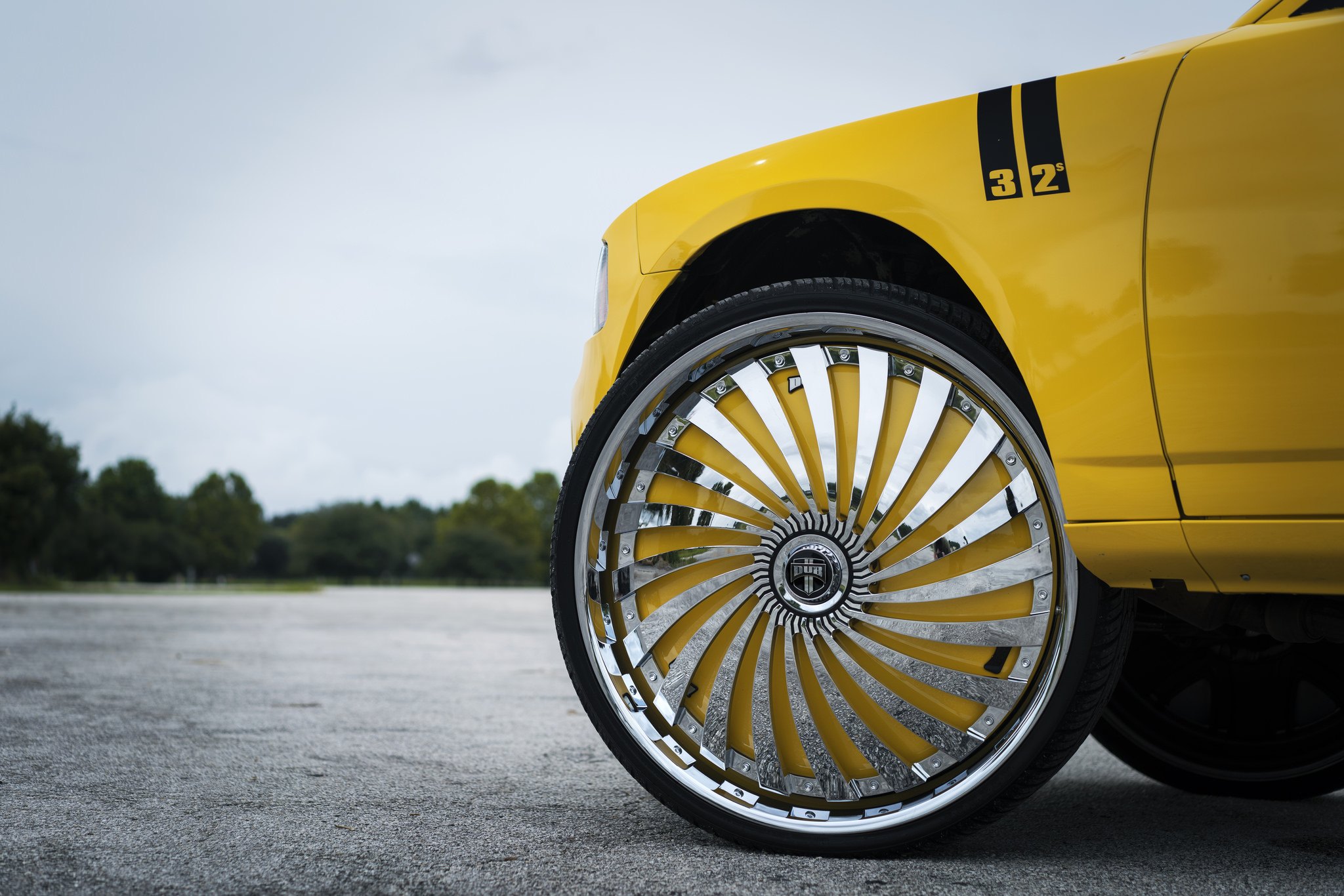 32 Inch Custom Chrome Wheels on Yellow Dodge Charger - Photo by DUB