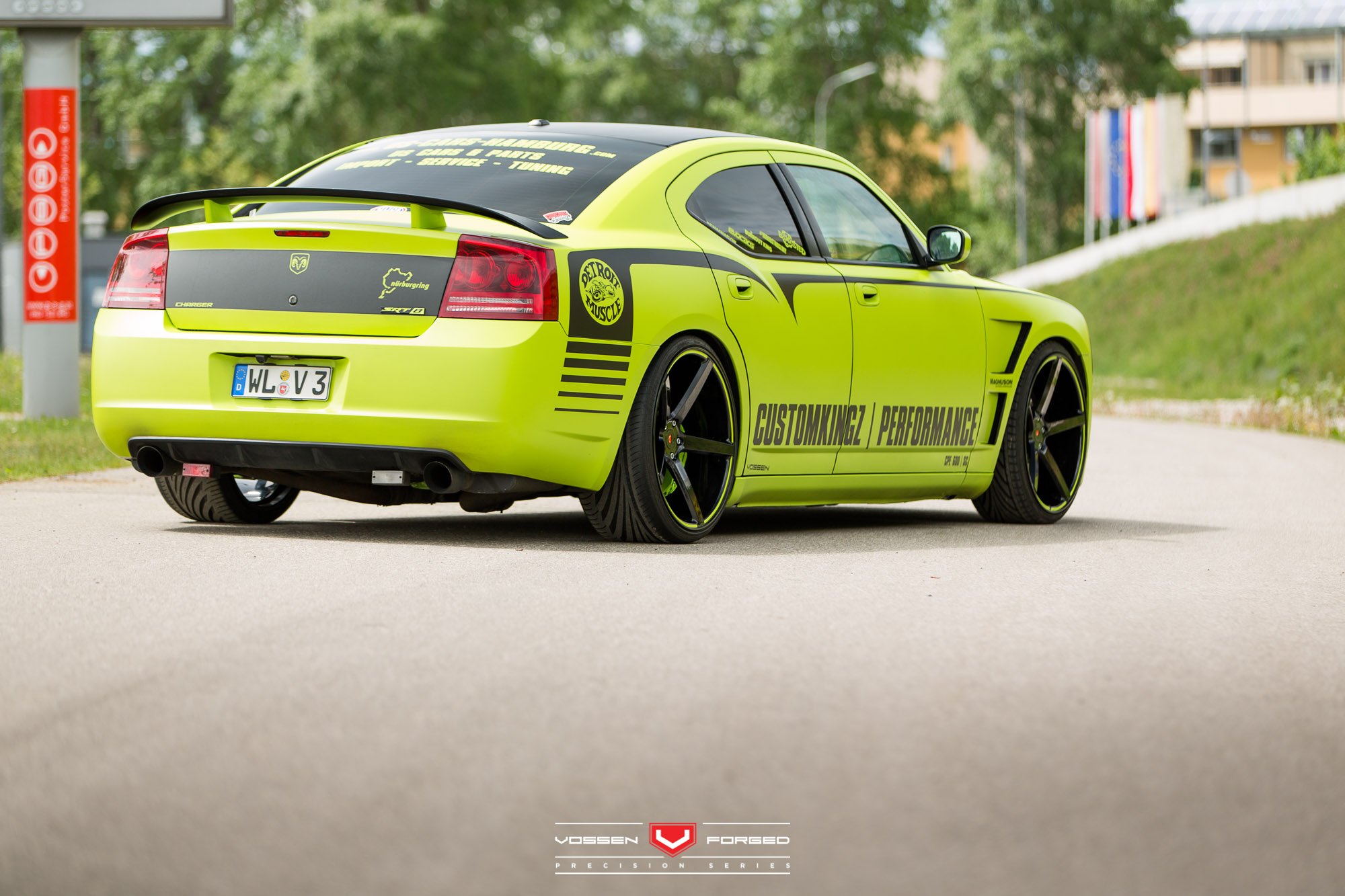 Lime Yellow Dodge Charger with Custom Rear Diffuser - Photo by Vossen