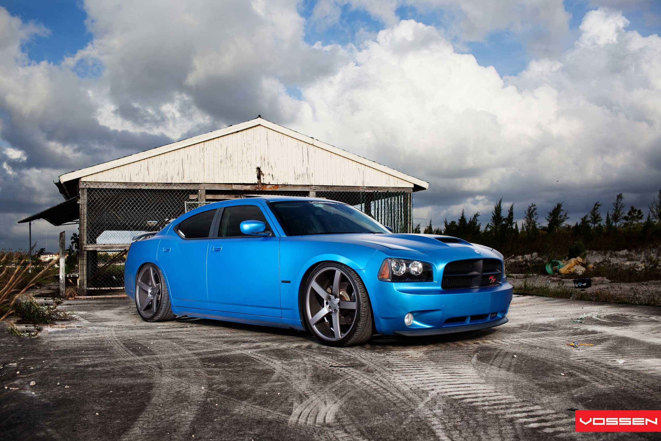 Lowered Blue Dodge Charger with Custom Hood - Photo by Vossen