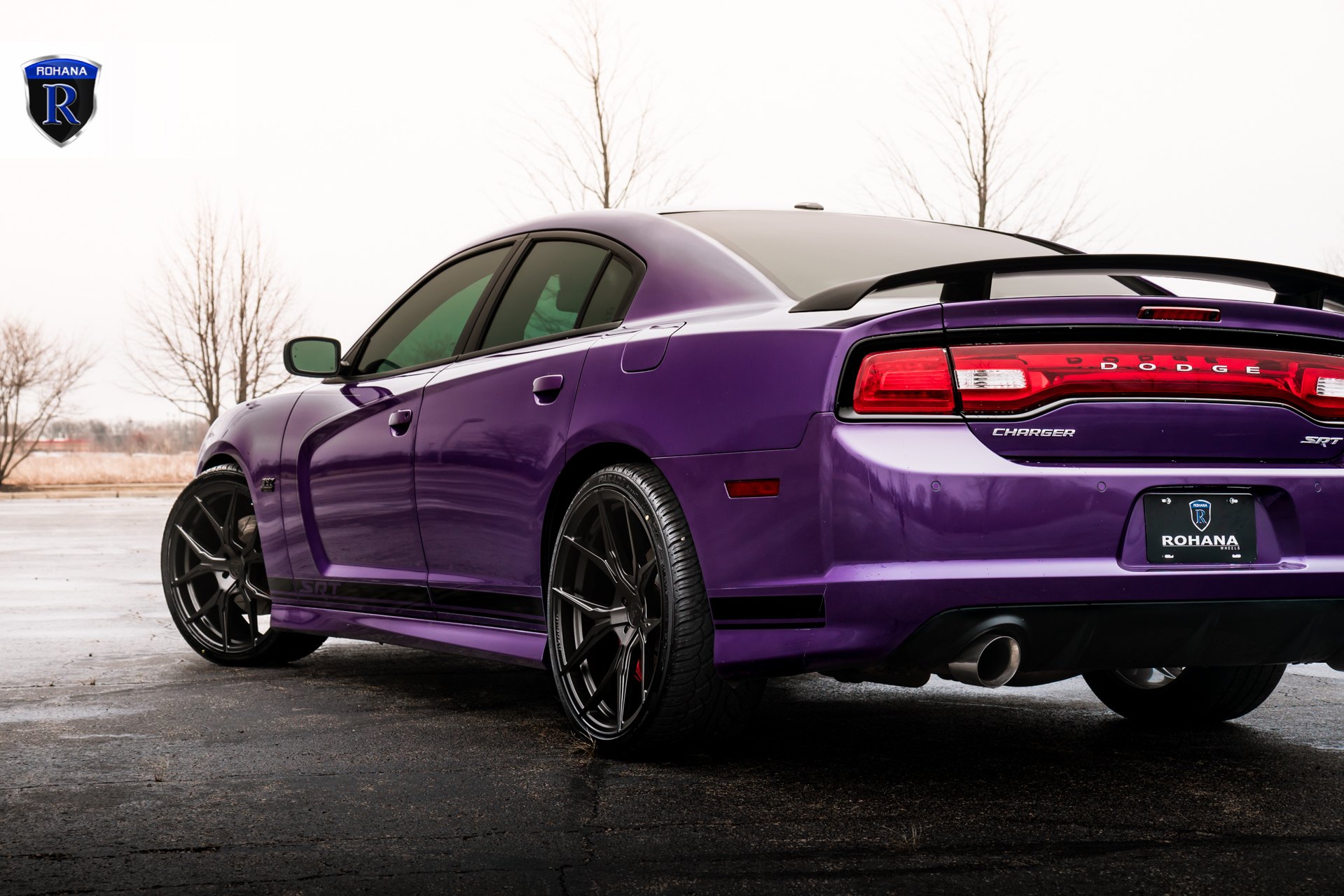 Purple Dodge Charger SRT with Aftermarket Rear Spoiler - Photo by Rohana Wheels